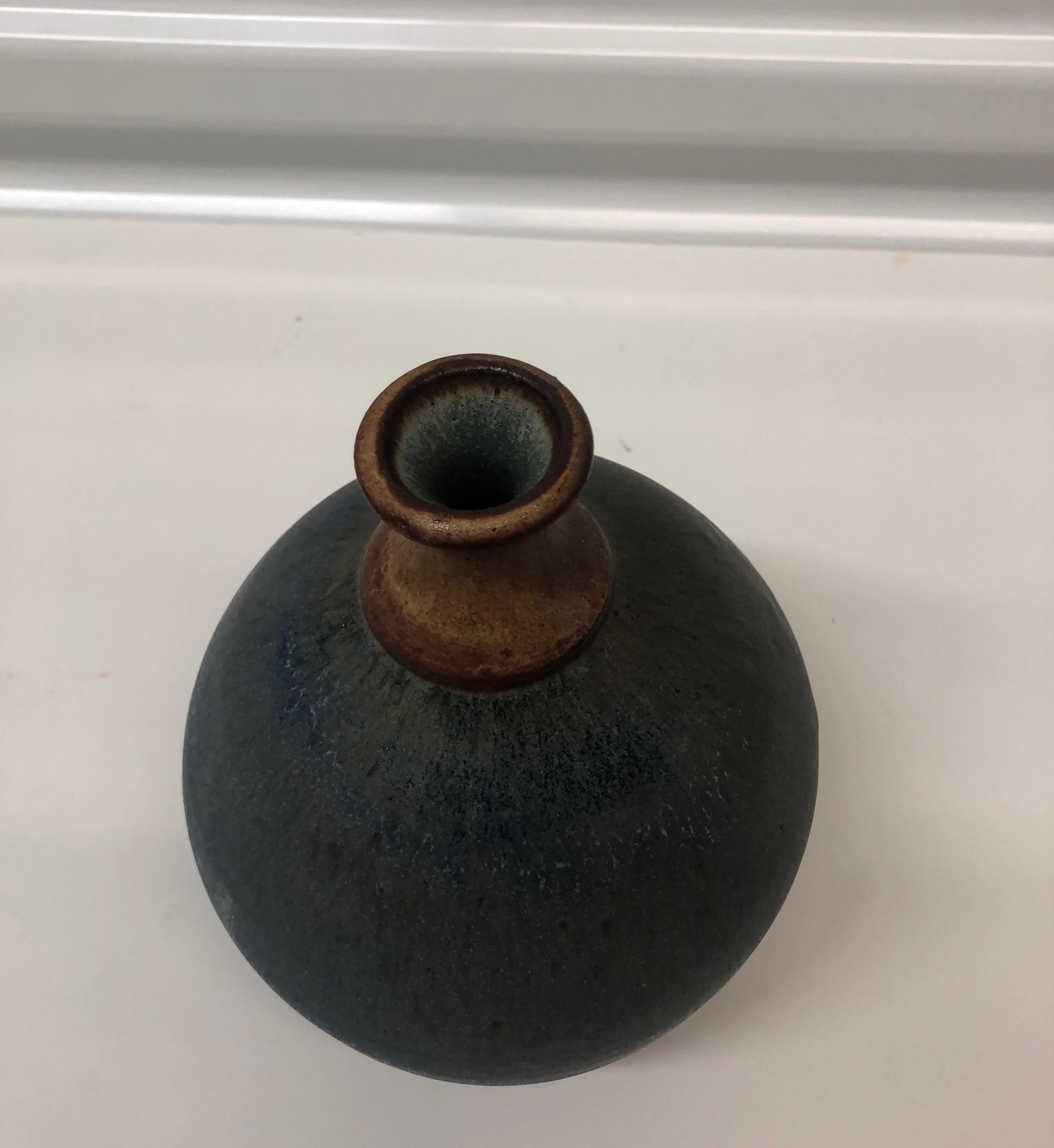 Vintage Earthenware Round Turquoise Vase In Good Condition In Oakland Park, FL