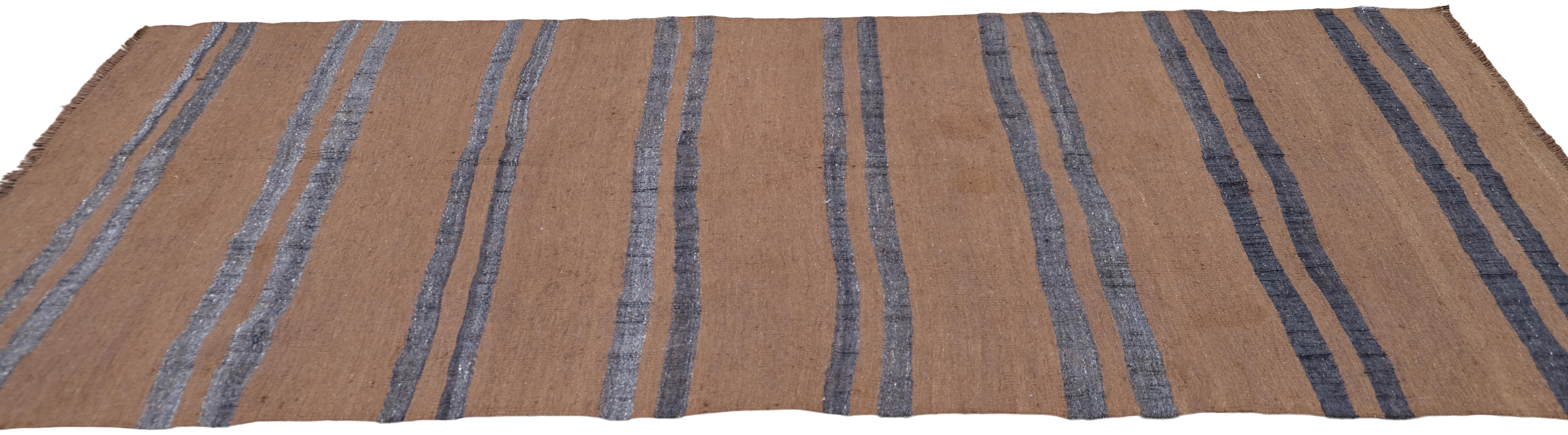 Mid-Century Modern Vintage Earthy Brown and Charcoal Grey Handmade Turkish Kilim 3'10''x8'9'' For Sale
