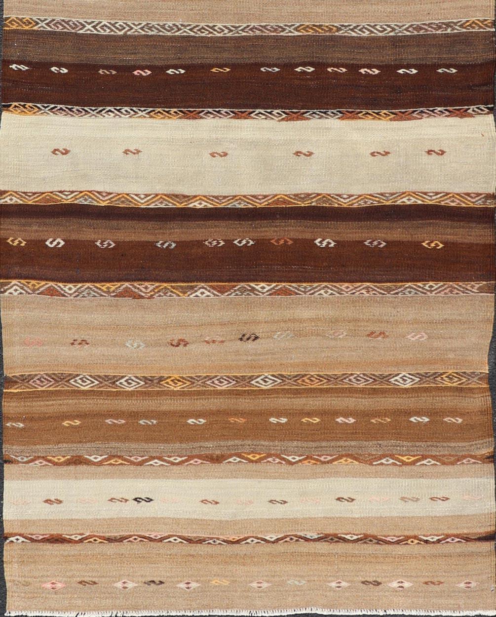20th Century Vintage Earthy Kilim Gallery Runner with Stripe Design in Multi Colors & Motif's For Sale