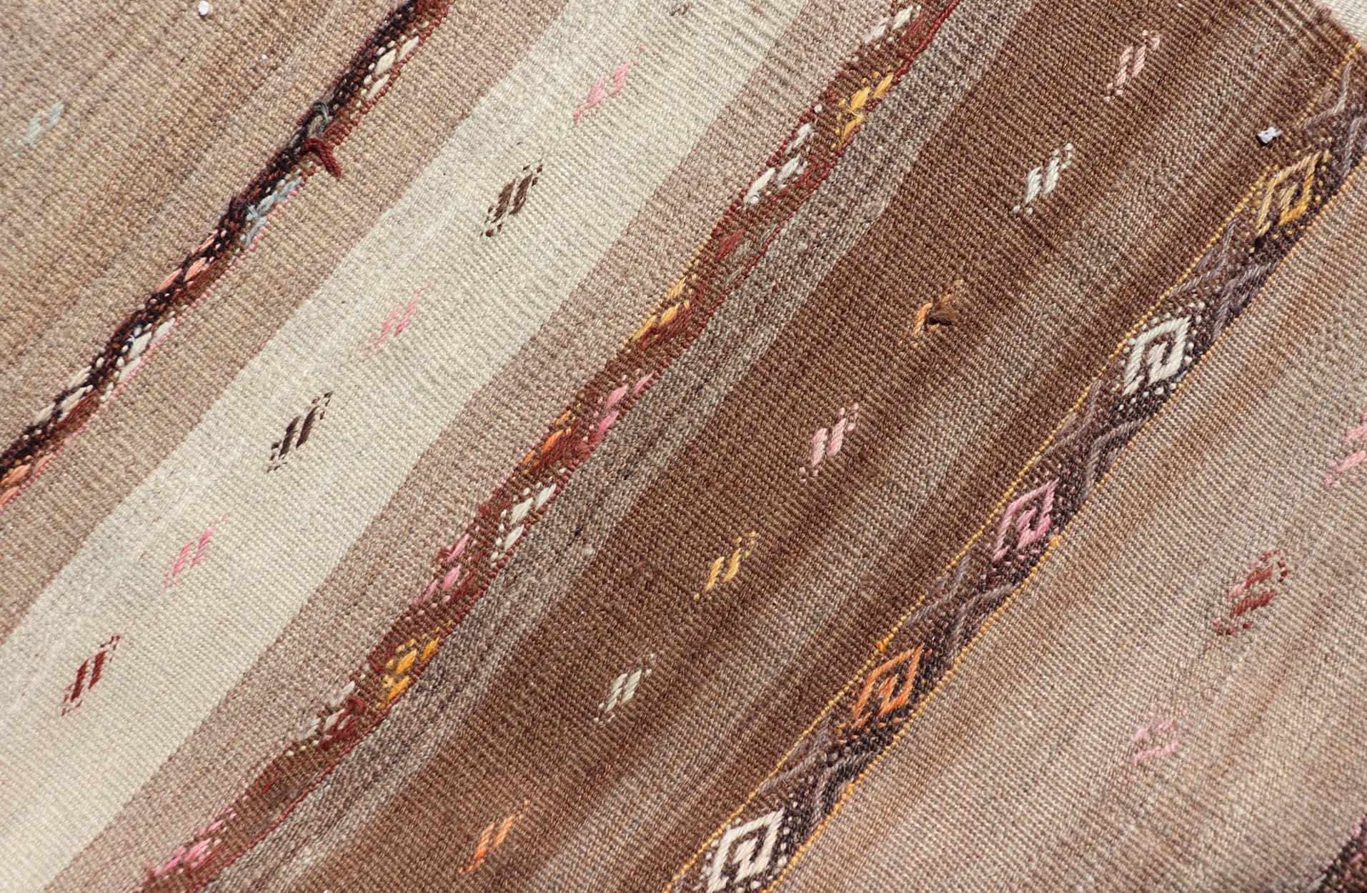 Wool Vintage Earthy Kilim Gallery Runner with Stripe Design in Multi Colors & Motif's For Sale