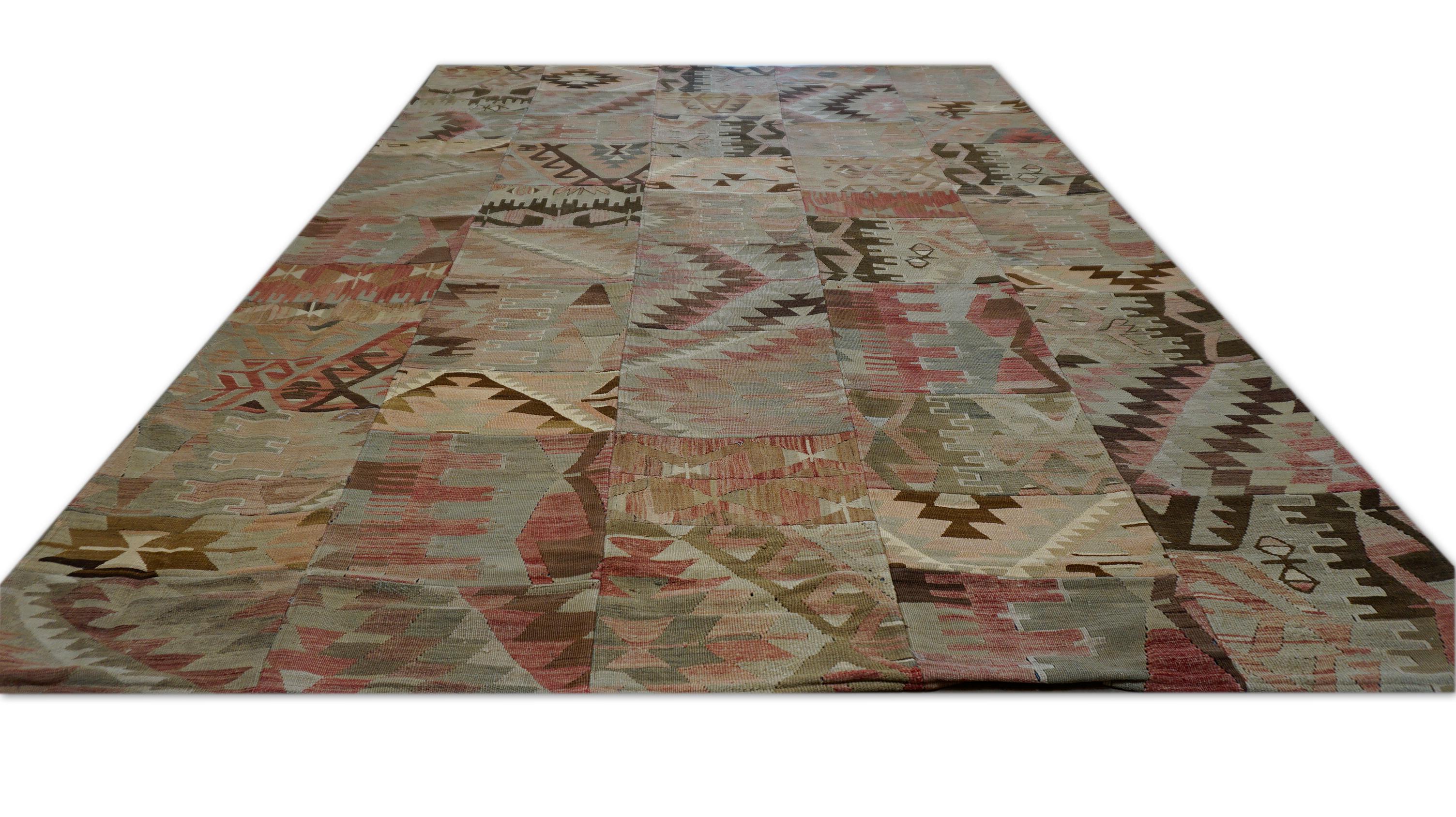 Modern Vintage Earthy Toned Geometric Wool Patchwork Rug 6'1''x9'8'' For Sale