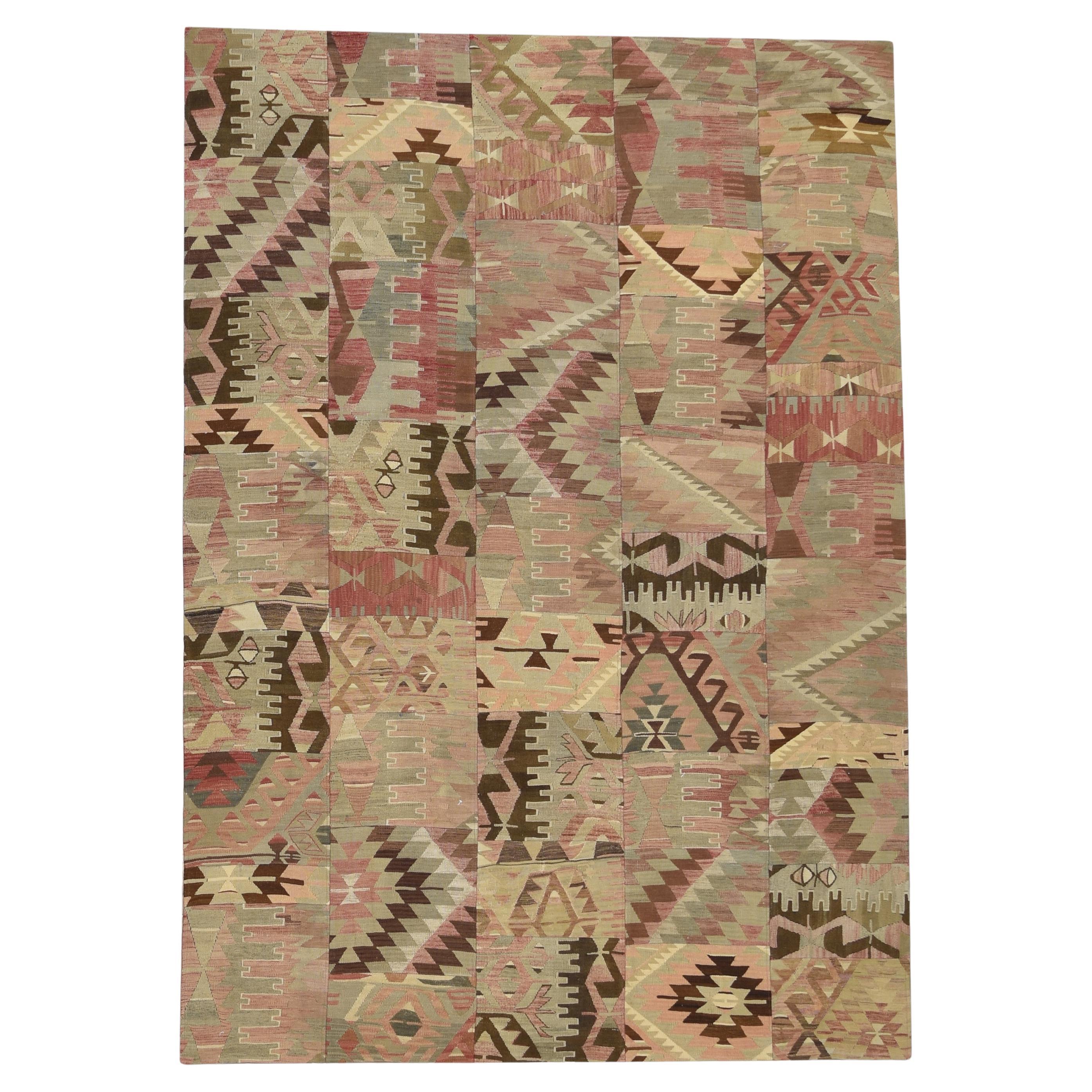 Vintage Earthy Toned Geometric Wool Patchwork Rug 6'1''x9'8'' For Sale