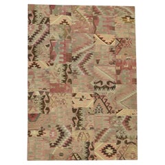 Vintage Earthy Toned Geometric Wool Patchwork Rug 6'1''x9'8''
