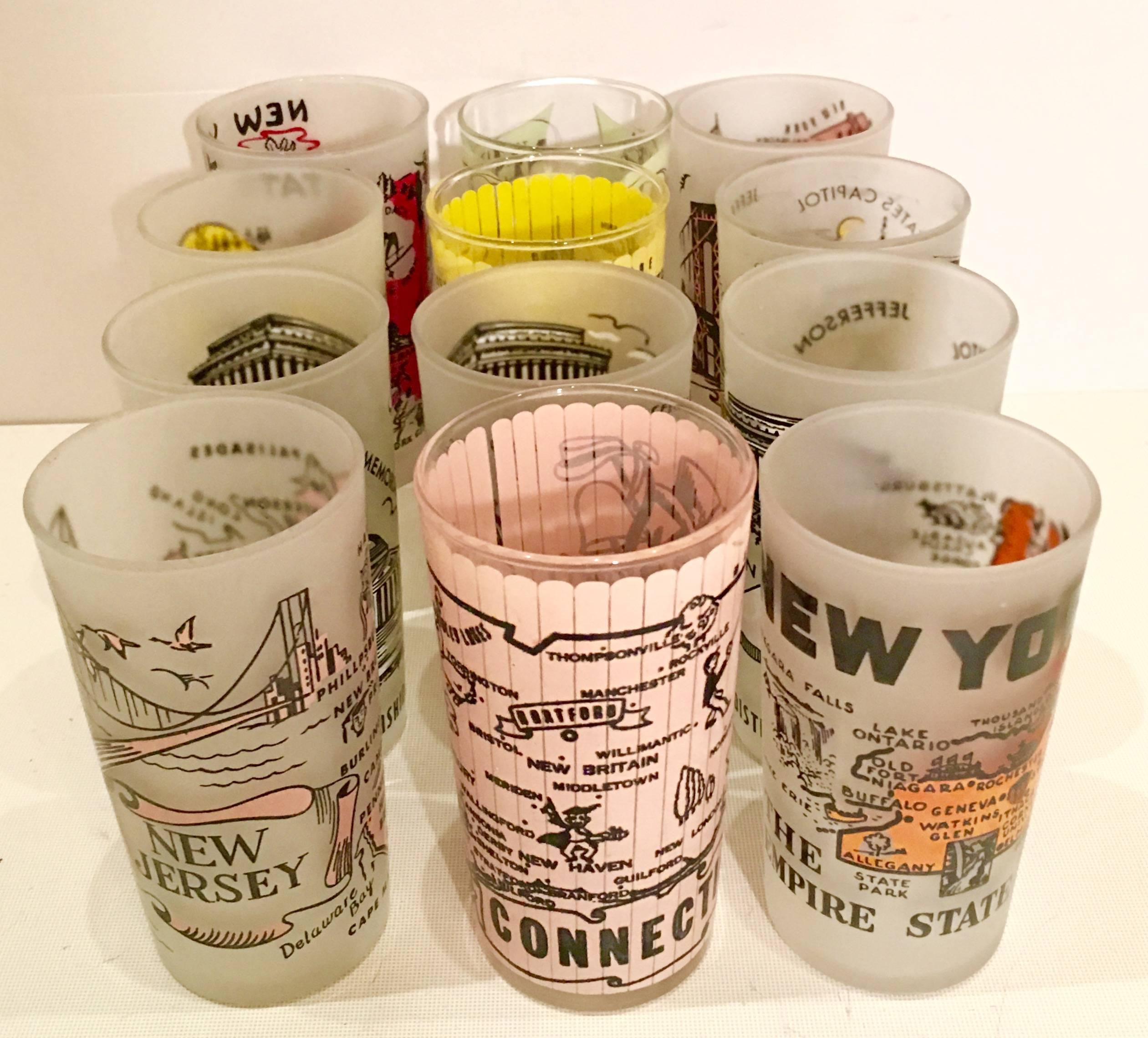Midcentury East Coast State Souvenir Printed and frosted drink gasses, set of 12 pieces. Set includes: three white-and-black Washington, D.C., three pink New Jersey and Connecticut, three yellow Delaware and Massachusetts, and three multicolored New
