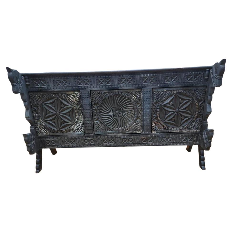 Vintage Chinese Ornate Carved Elmwood Sideboard with Horse Carvings and Doors