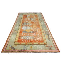 Vintage East Turkestani Khotan Wool 7x13 Brick & Olive Handmade Gallery Rug