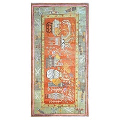 Vintage East Turkestani Khotan Wool 7x13 Brick & Olive Handmade Gallery Rug