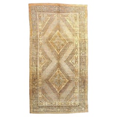 Vintage East Turkestani Khotan Wool 7x13 Ivory & Tan Handmade Gallery Rug