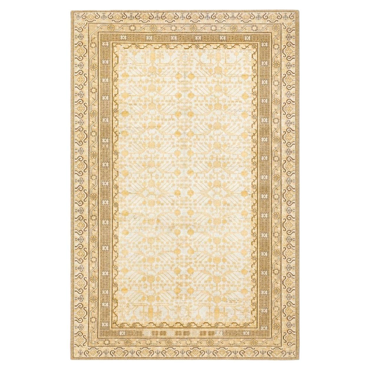 Vintage East Turkestani Tribal Khotan Wool 7x13 Ivory & Tan Handmade Gallery Rug For Sale