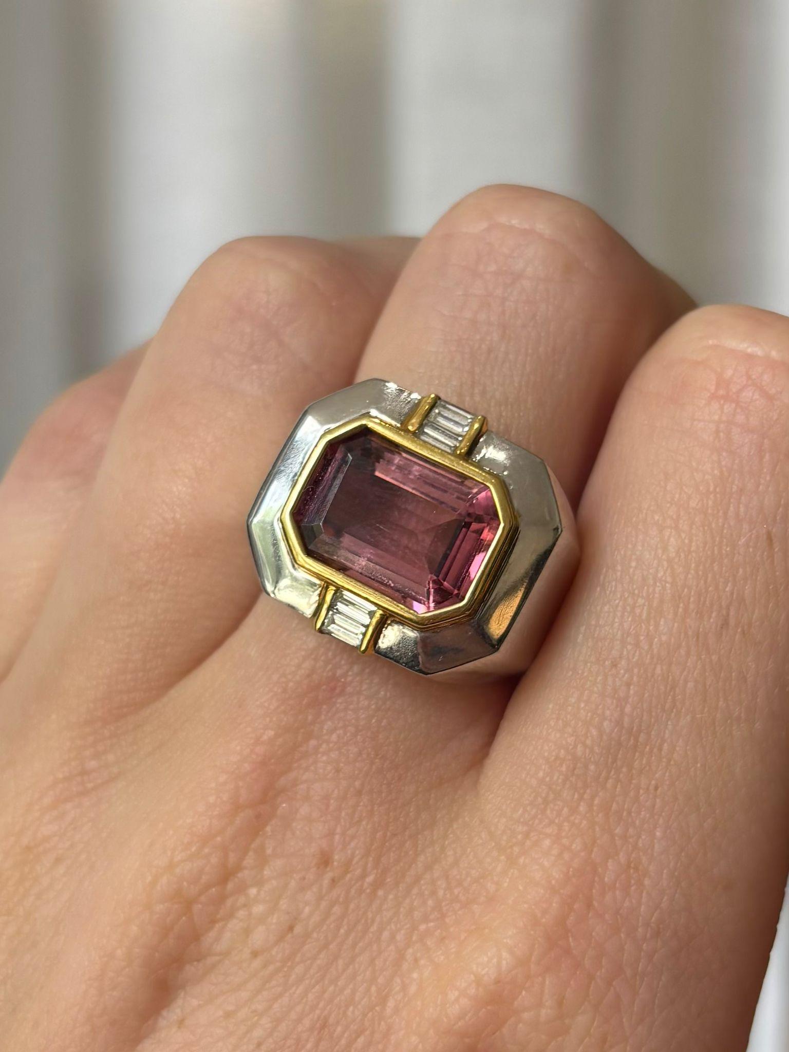 Vintage East-West 6.75ct Pink Tourmaline and Diamond Cocktail Ring For Sale 5