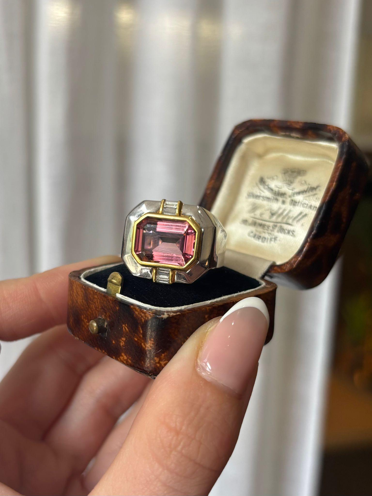 Vintage East-West 6.75ct Pink Tourmaline and Diamond Cocktail Ring For Sale 6