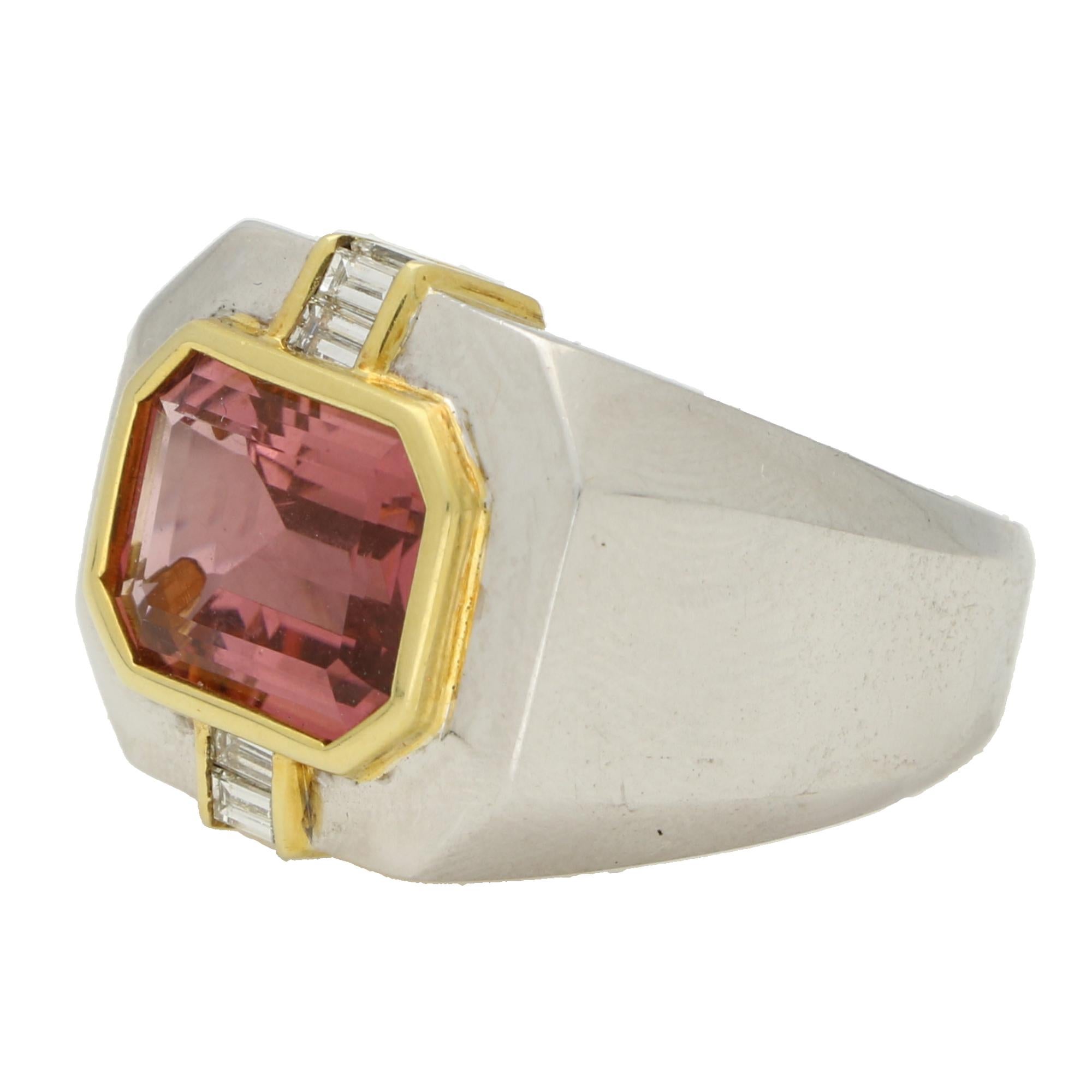 Emerald Cut Vintage East-West 6.75ct Pink Tourmaline and Diamond Cocktail Ring For Sale