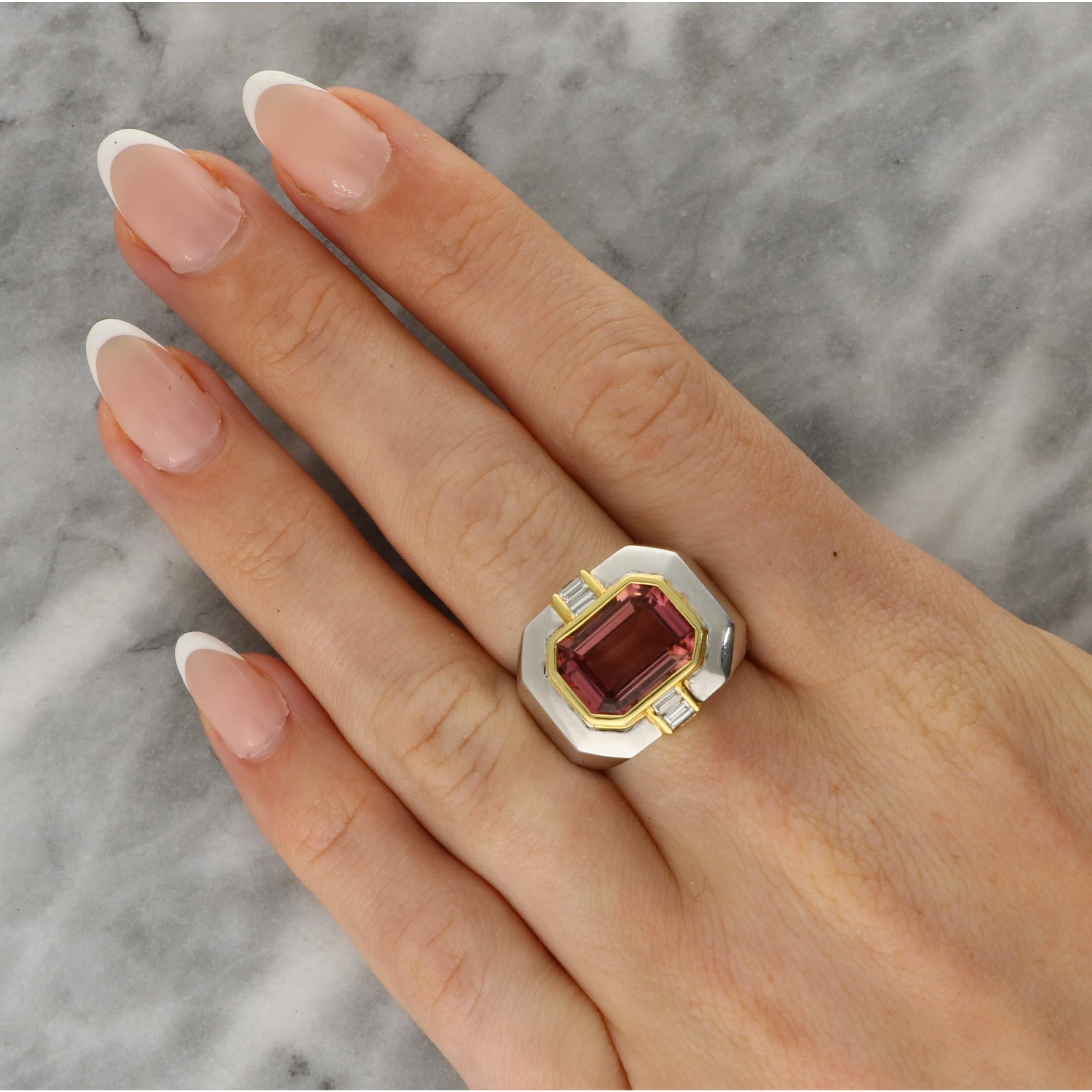 Vintage East-West 6.75ct Pink Tourmaline and Diamond Cocktail Ring In Excellent Condition For Sale In London, GB