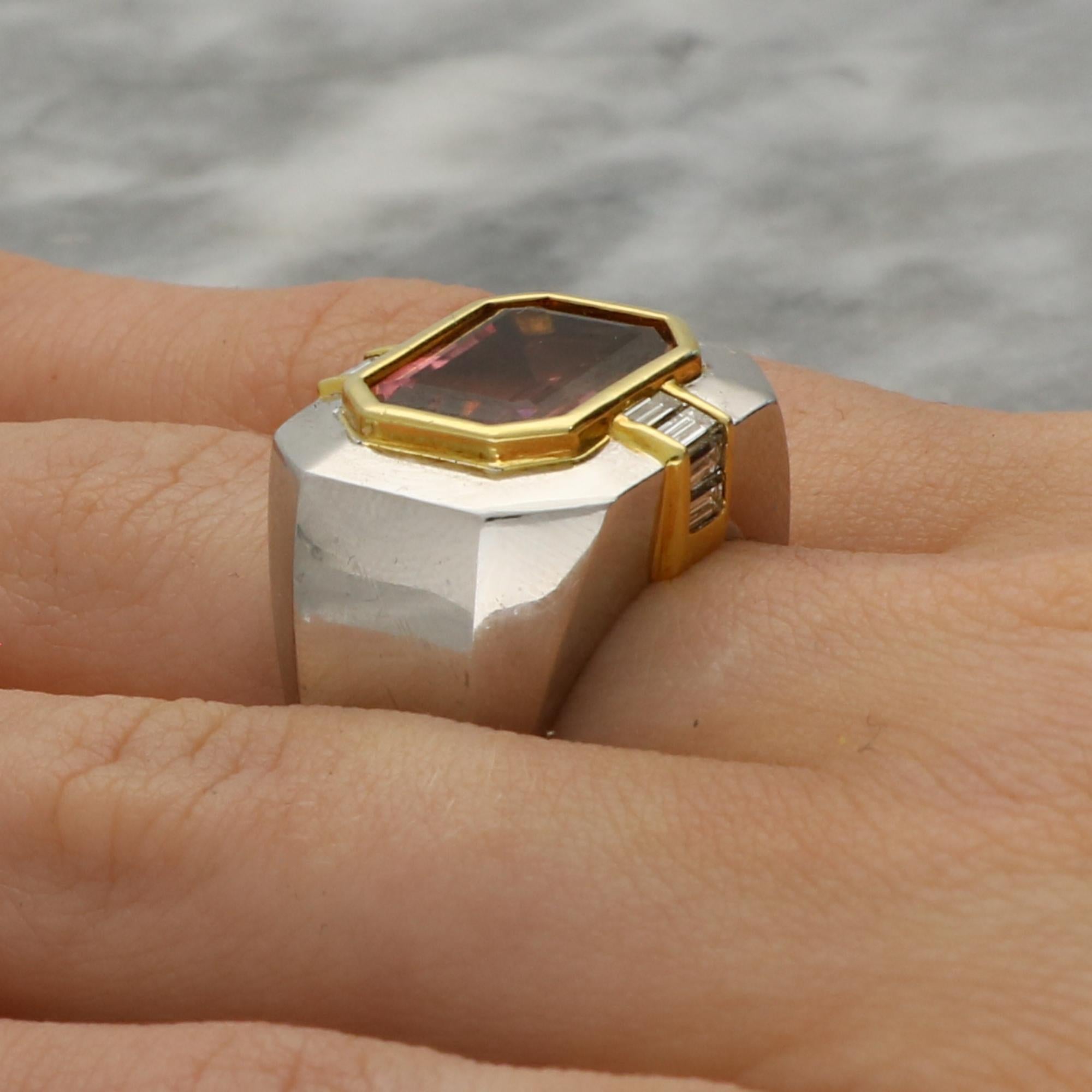 Women's or Men's Vintage East-West 6.75ct Pink Tourmaline and Diamond Cocktail Ring For Sale