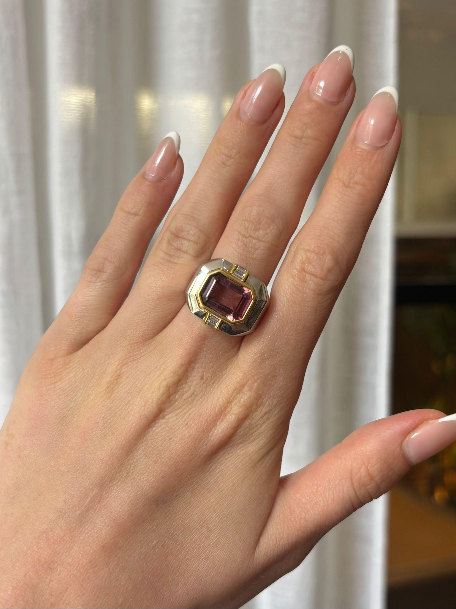 Vintage East-West 6.75ct Pink Tourmaline and Diamond Cocktail Ring For Sale 1