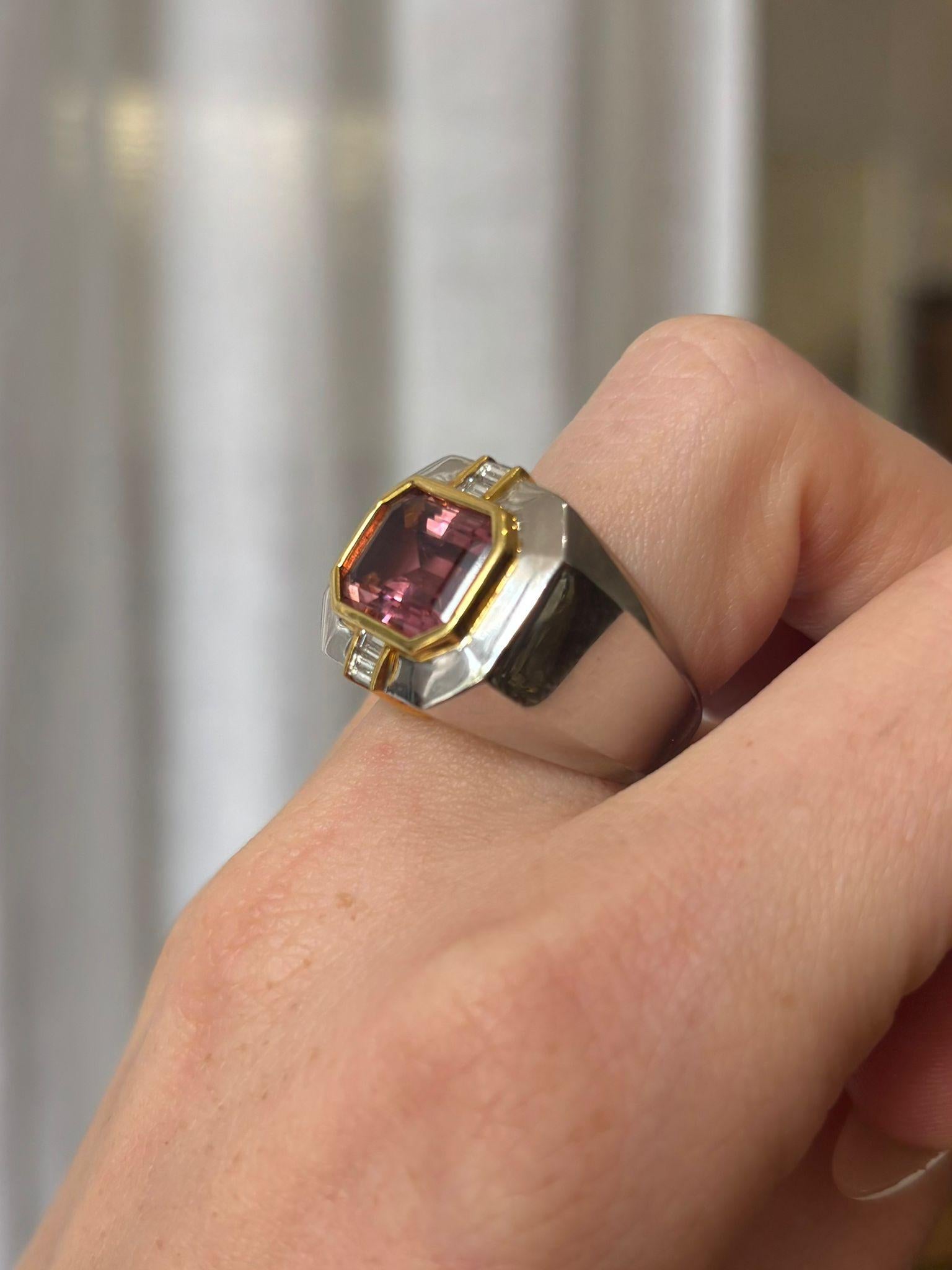 Vintage East-West 6.75ct Pink Tourmaline and Diamond Cocktail Ring For Sale 4
