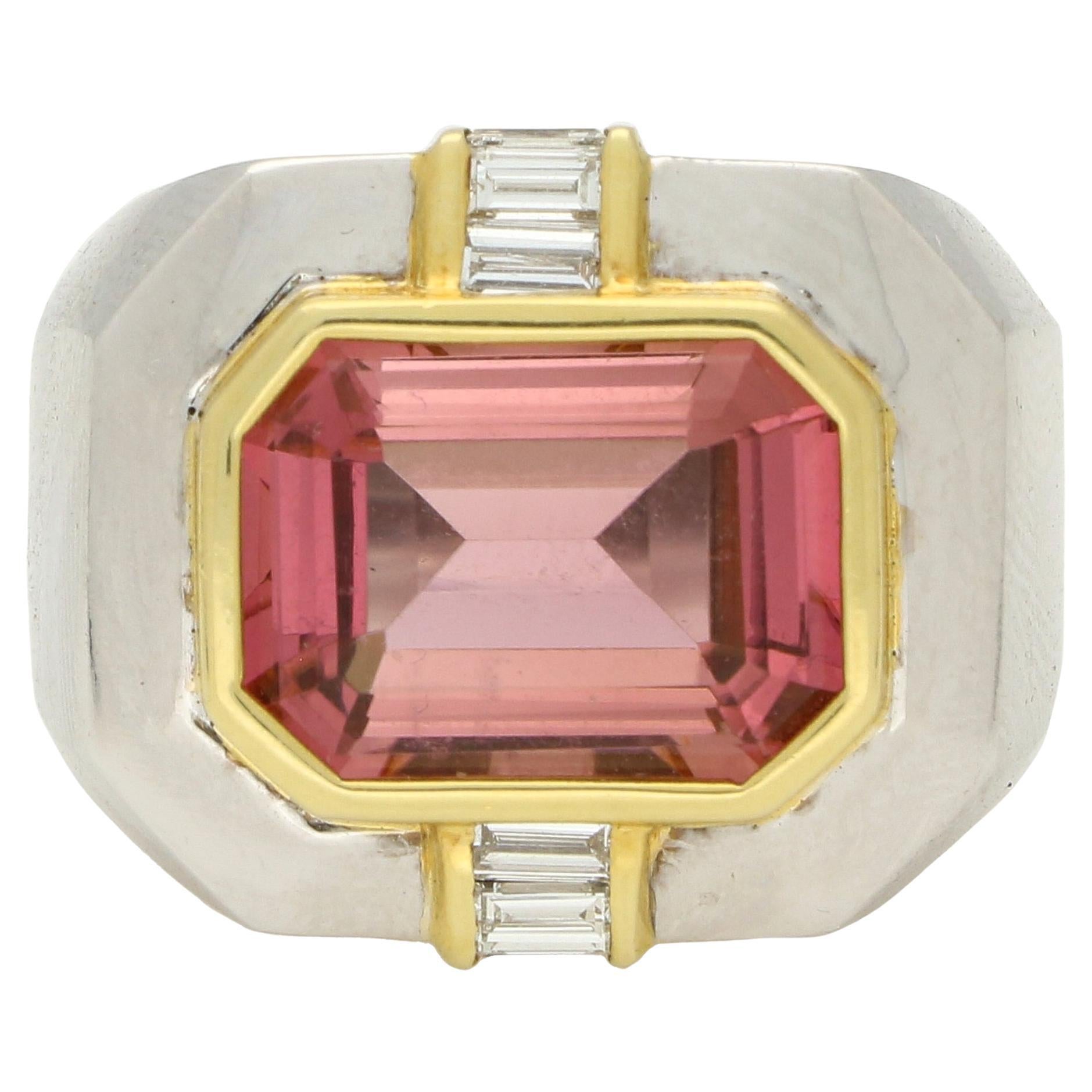 Vintage East-West 6.75ct Pink Tourmaline and Diamond Cocktail Ring For Sale