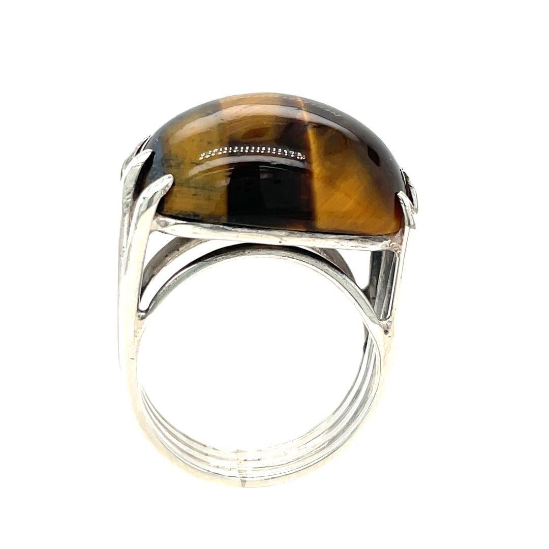 Modernist Vintage East West Mexican Tiger's eyes Chalcedony Silver Ring For Sale