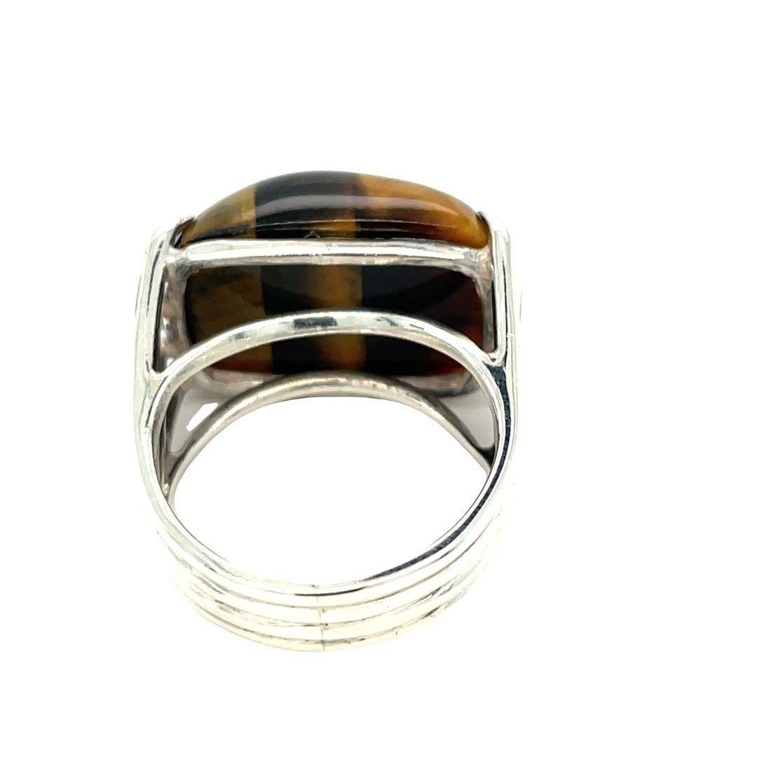 Women's or Men's Vintage East West Mexican Tiger's eyes Chalcedony Silver Ring For Sale