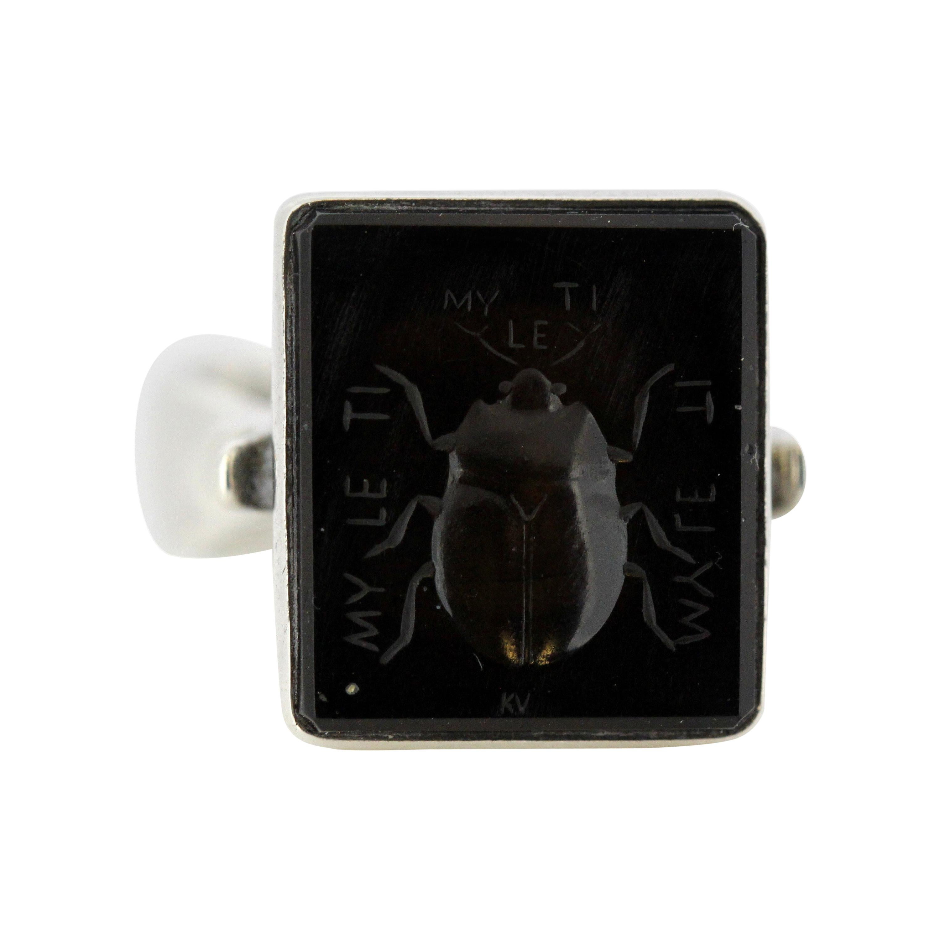 Vintage Eastern European Sterling Silver Signet Ring with Onyx Scarab Carving