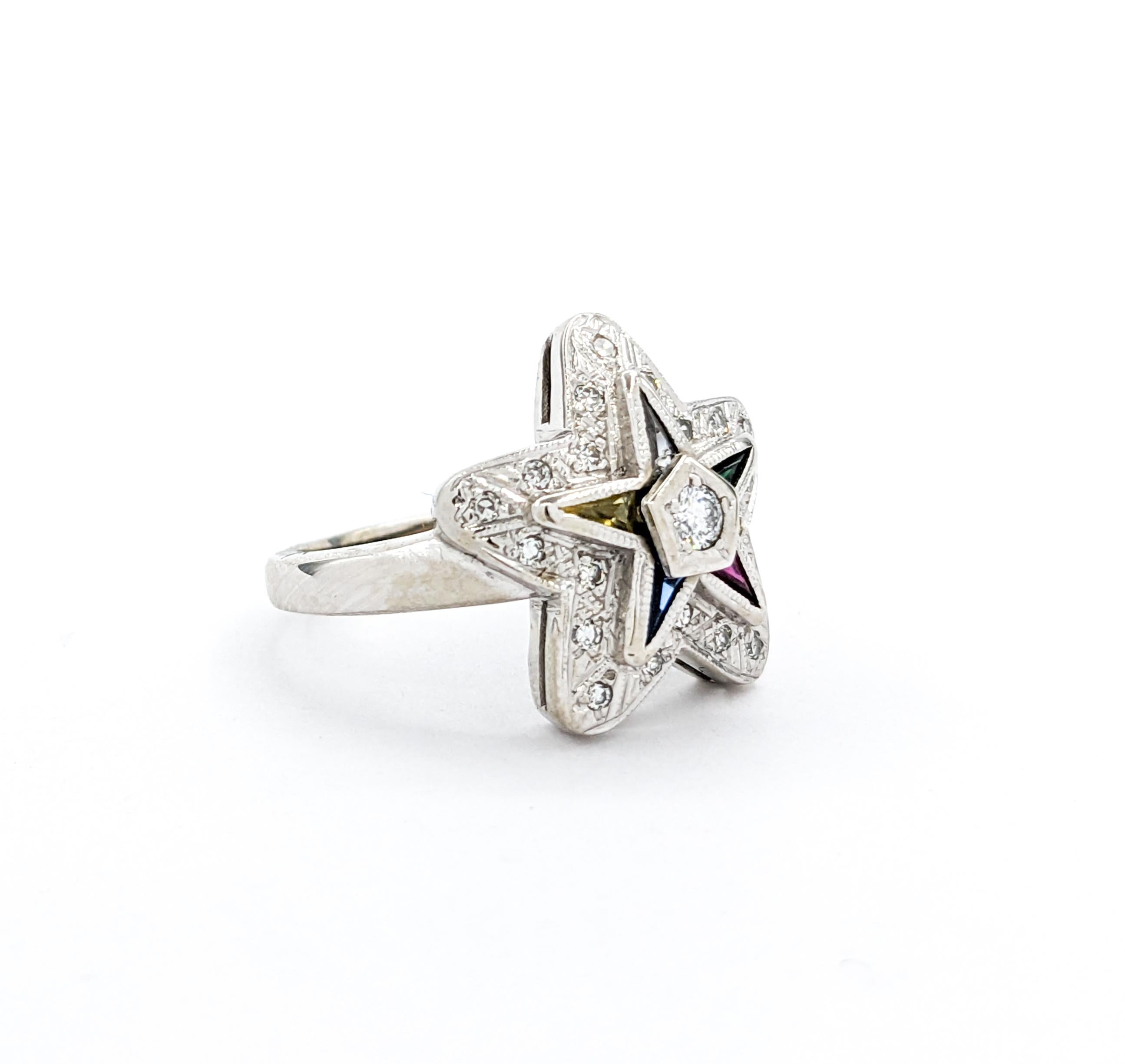 Vintage Eastern Star Diamond & Gemstone Ring For Sale 4