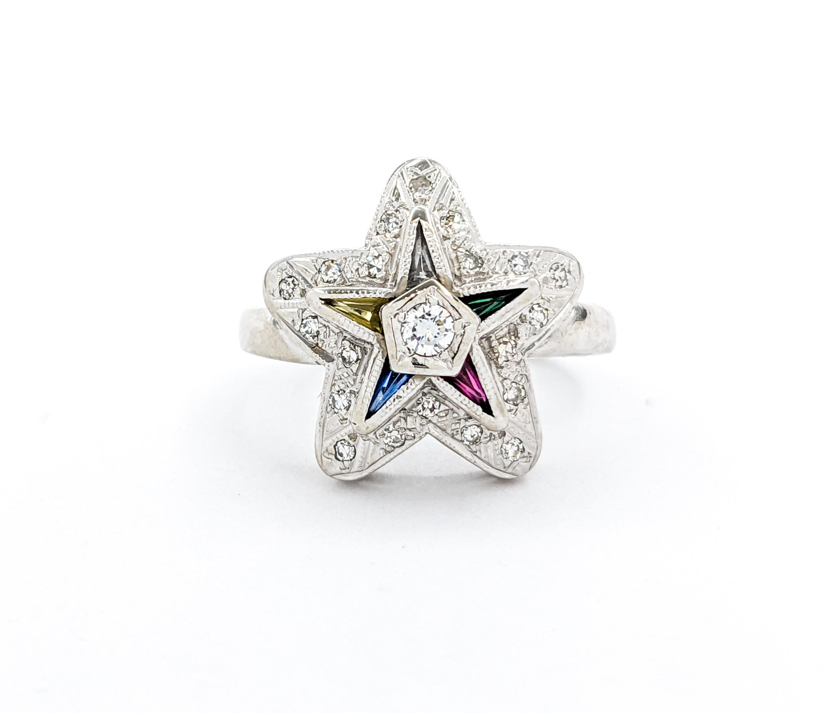 Vintage Eastern Star Diamond & Gemstone Ring For Sale 5