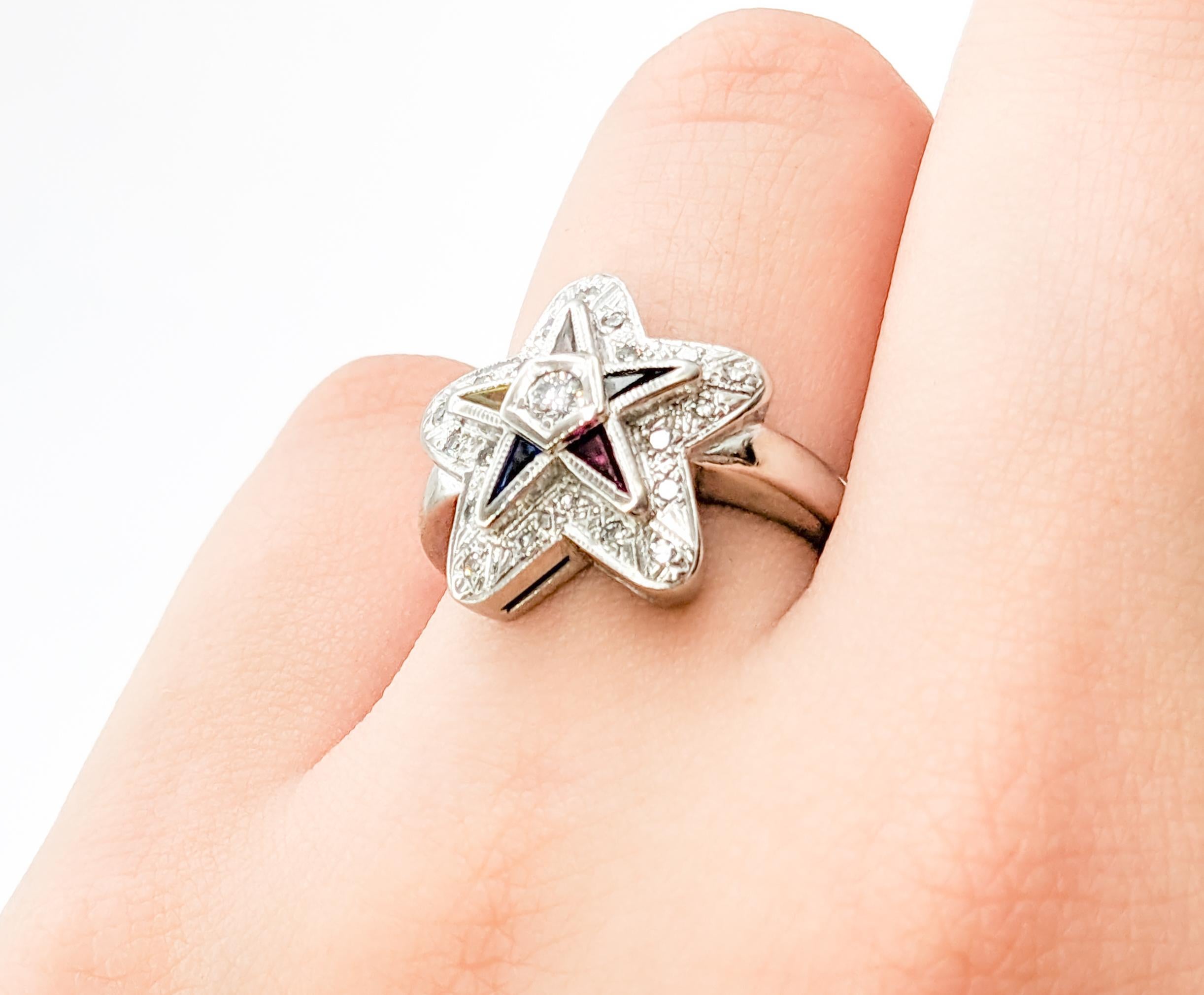 Vintage Eastern Star Diamond & Gemstone Ring In Excellent Condition For Sale In Bloomington, MN
