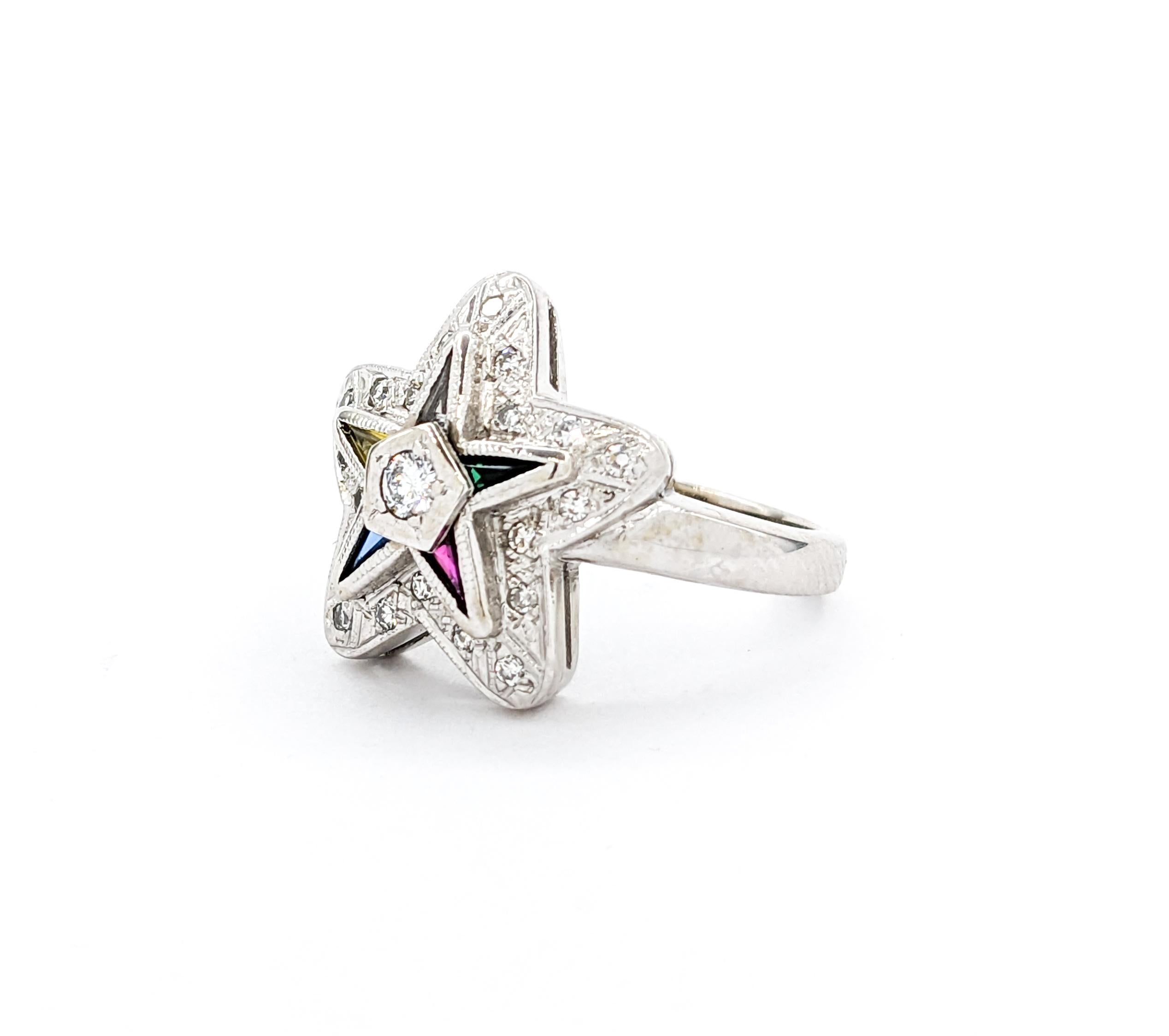 Vintage Eastern Star Diamond & Gemstone Ring For Sale 3