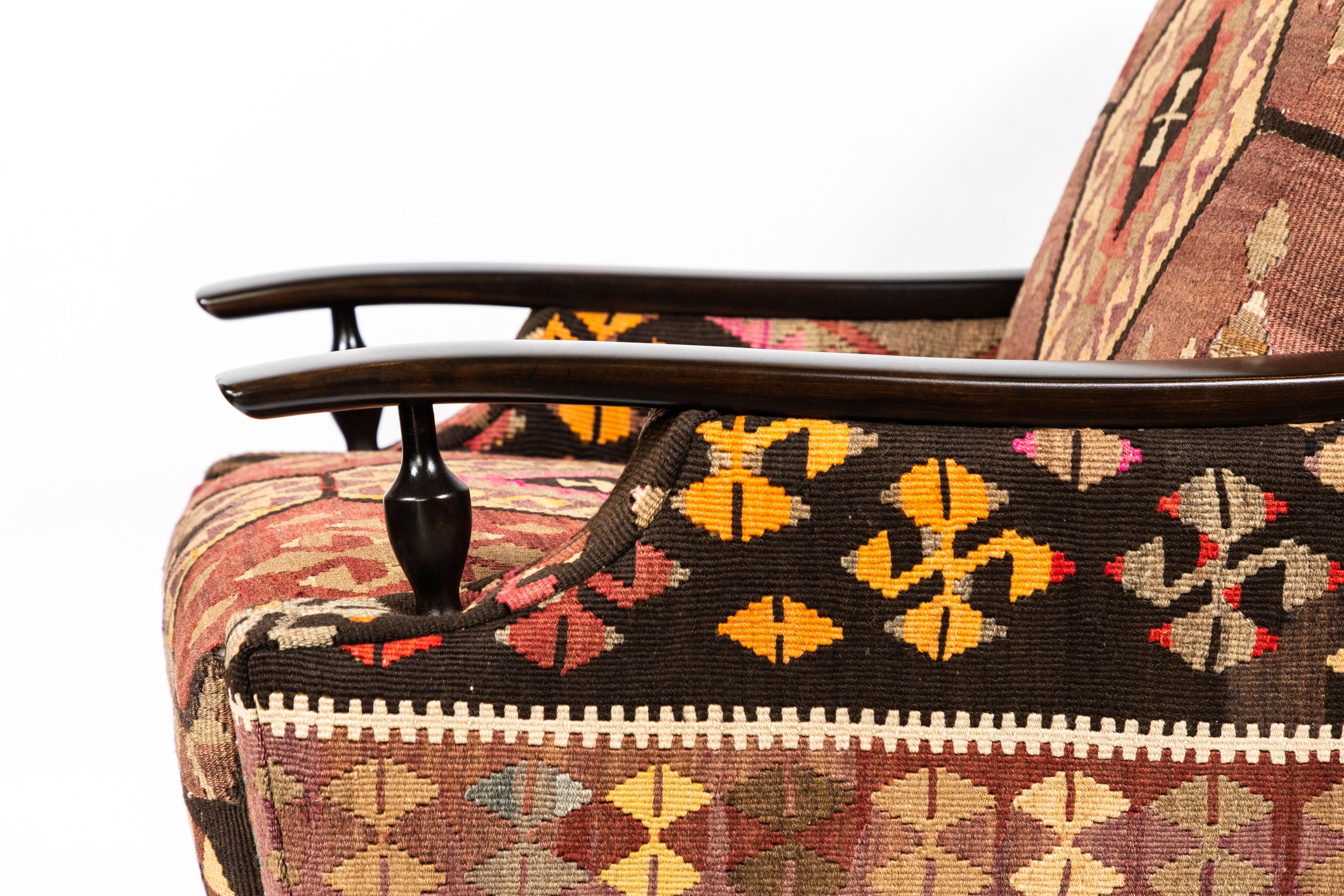 Vintage Lounge Chair Newly Upholstered in a Vintage Wool Kilim Rug 1