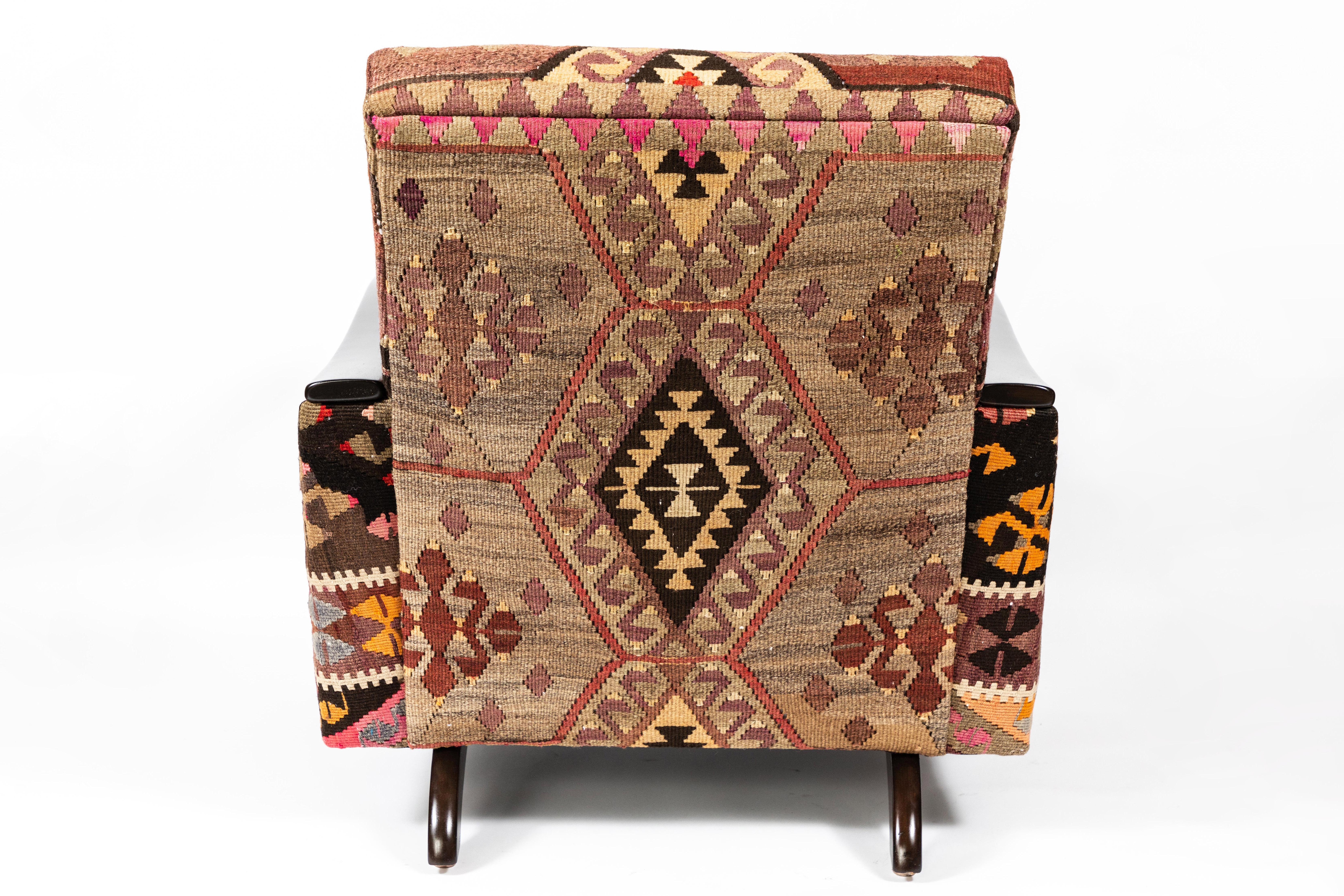 Mid-Century Modern Vintage Lounge Chair Newly Upholstered in a Vintage Wool Kilim Rug