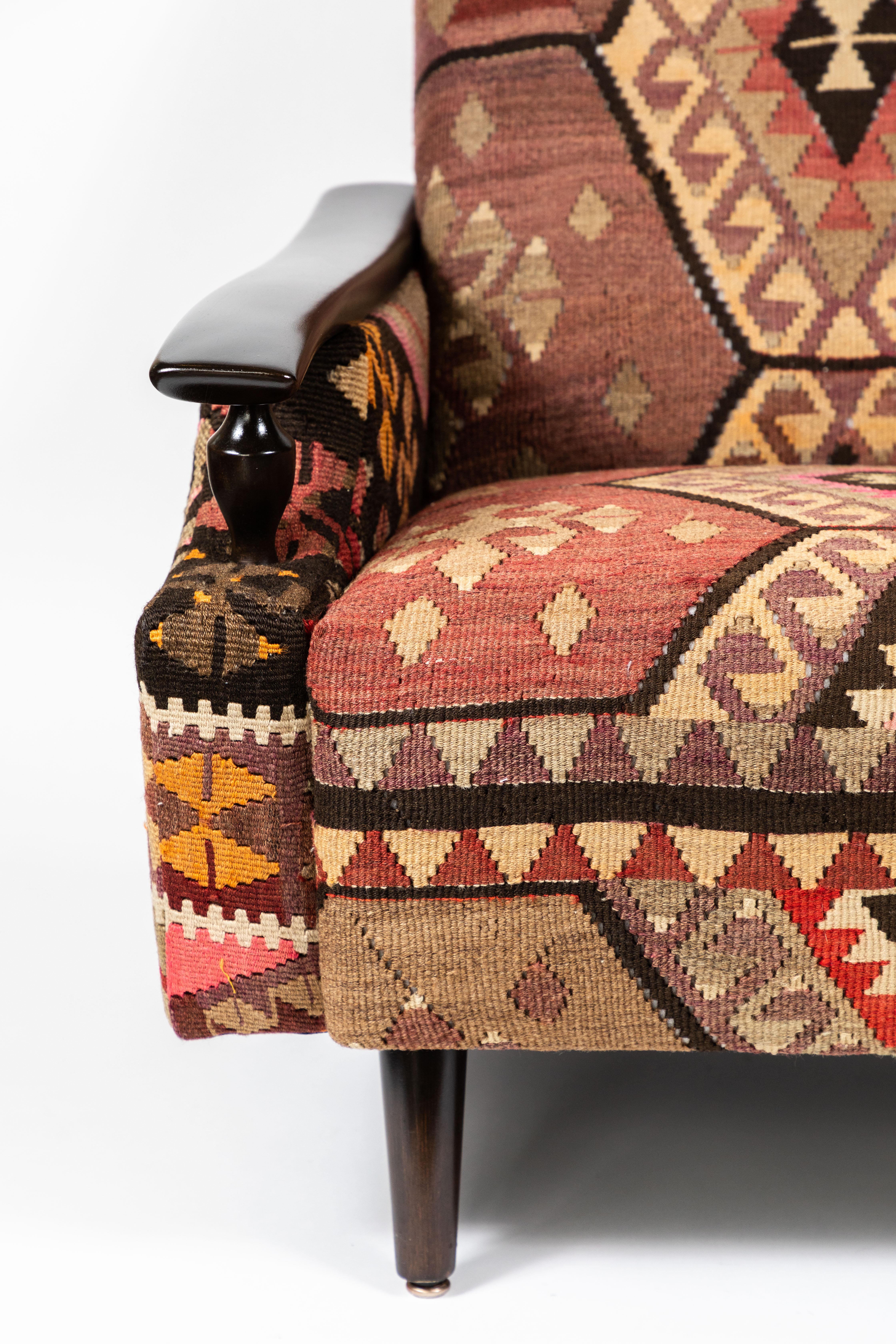 Vintage Lounge Chair Newly Upholstered in a Vintage Wool Kilim Rug In Excellent Condition In Pasadena, CA
