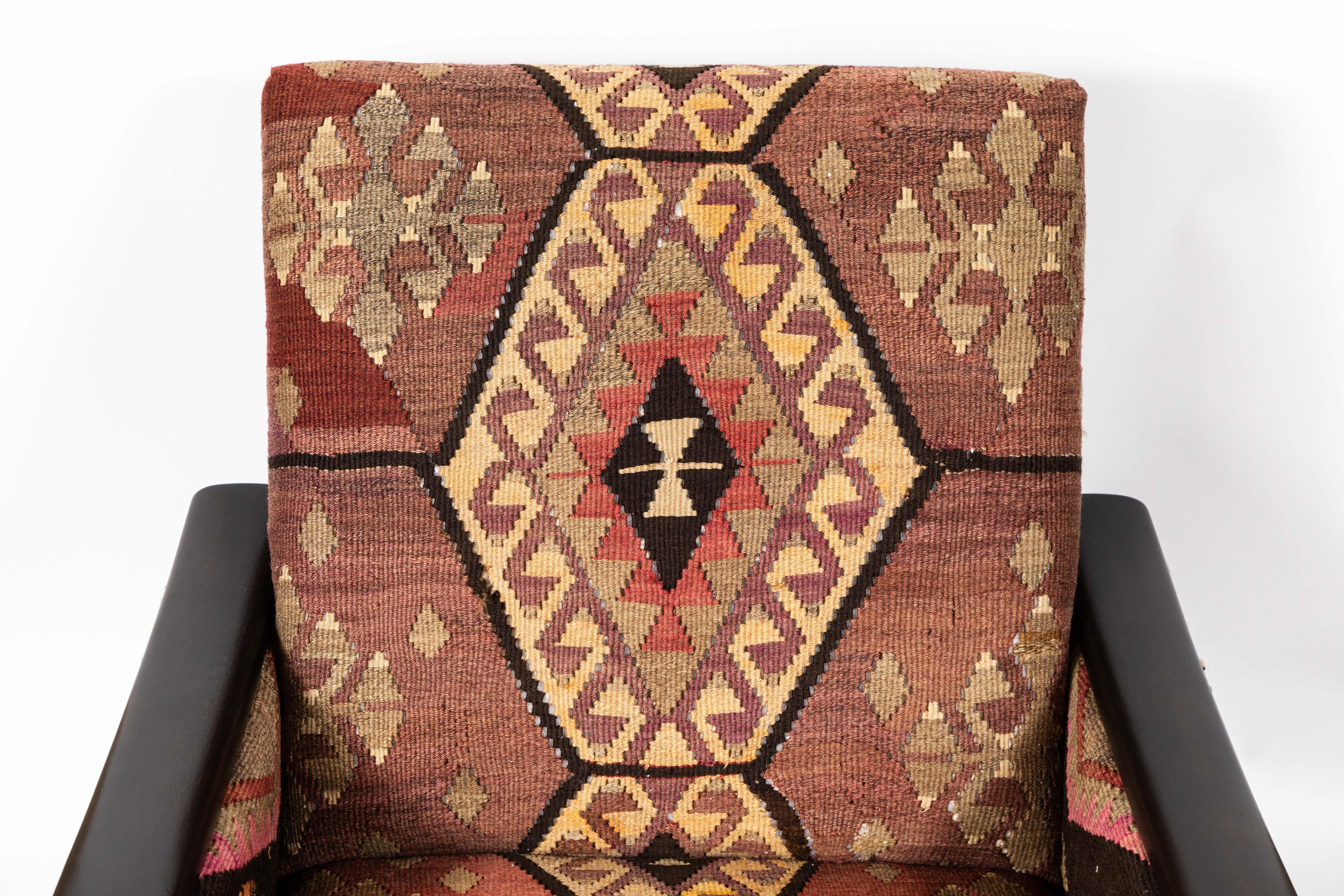 20th Century Vintage Lounge Chair Newly Upholstered in a Vintage Wool Kilim Rug