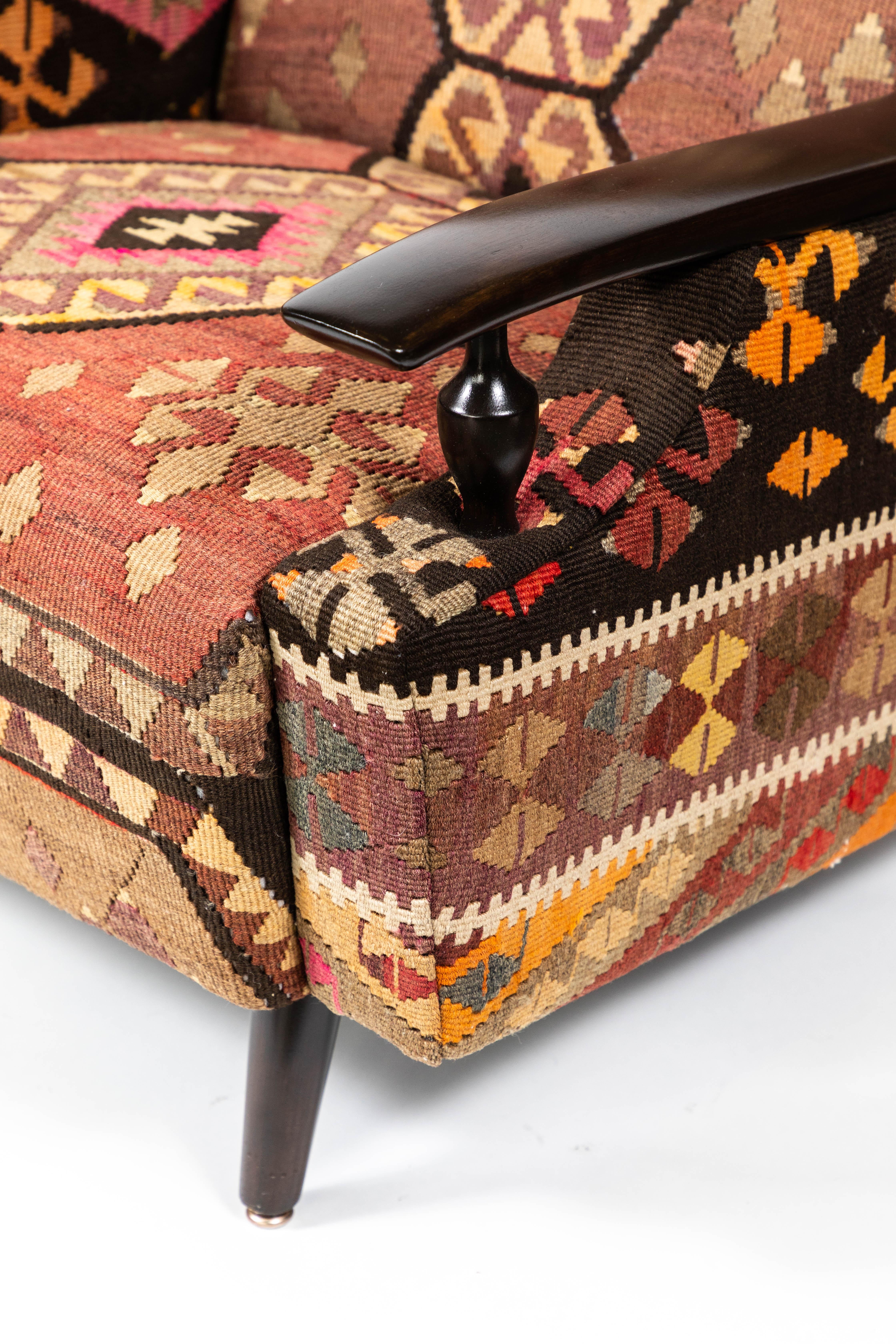 Textile Vintage Lounge Chair Newly Upholstered in a Vintage Wool Kilim Rug