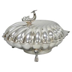 Vintage Eaton Silver Co Regency Scaldino a conchiglia placcato in argento con manico a delfino