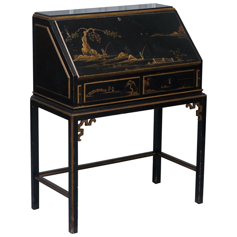 Vintage Ebonised Lacquered and Giltwood Chinese Chinoiserie Writing Bureau  Desk at 1stDibs