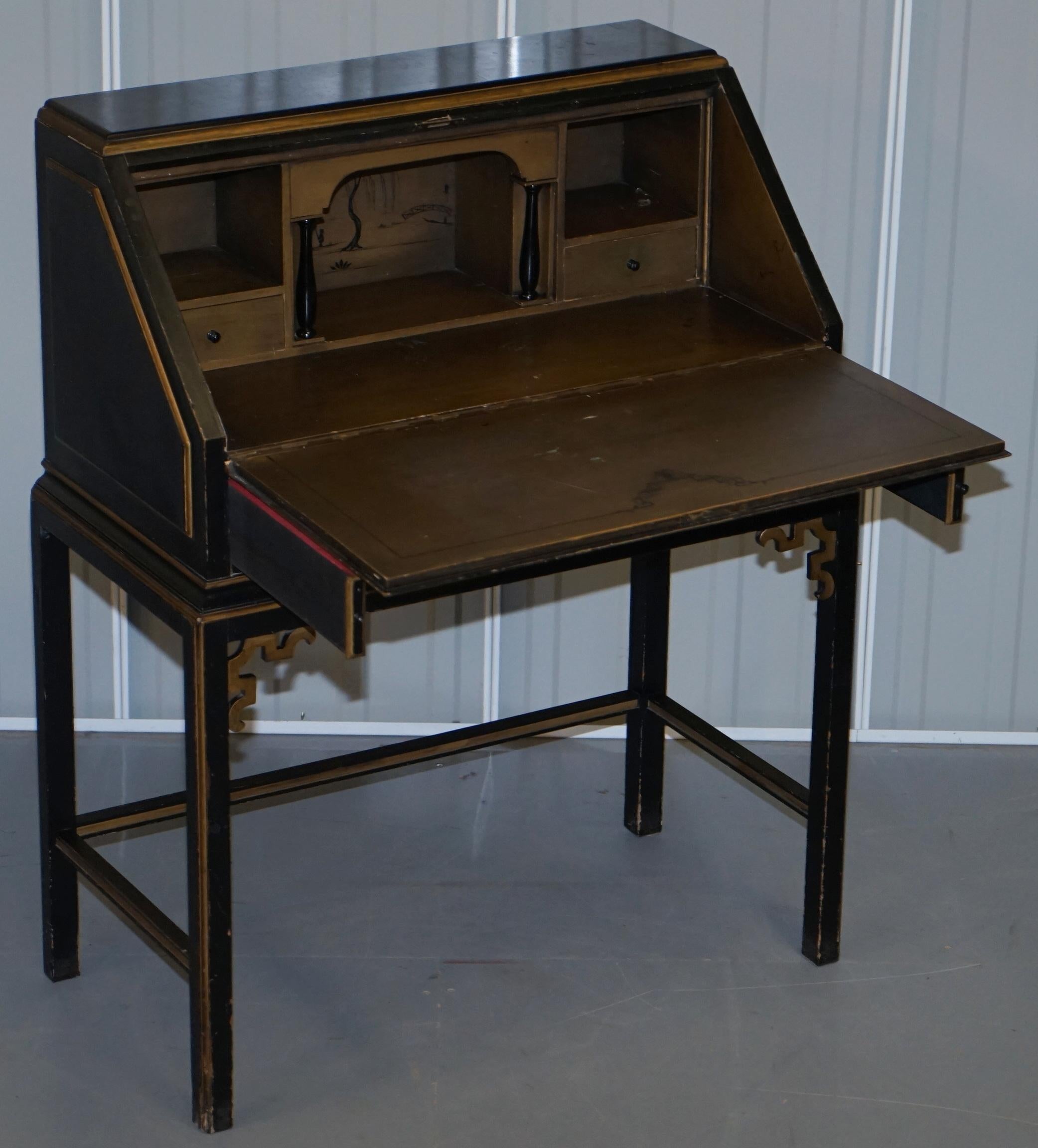 Vintage Ebonised Lacquered and Giltwood Chinese Chinoiserie Writing Bureau Desk 4