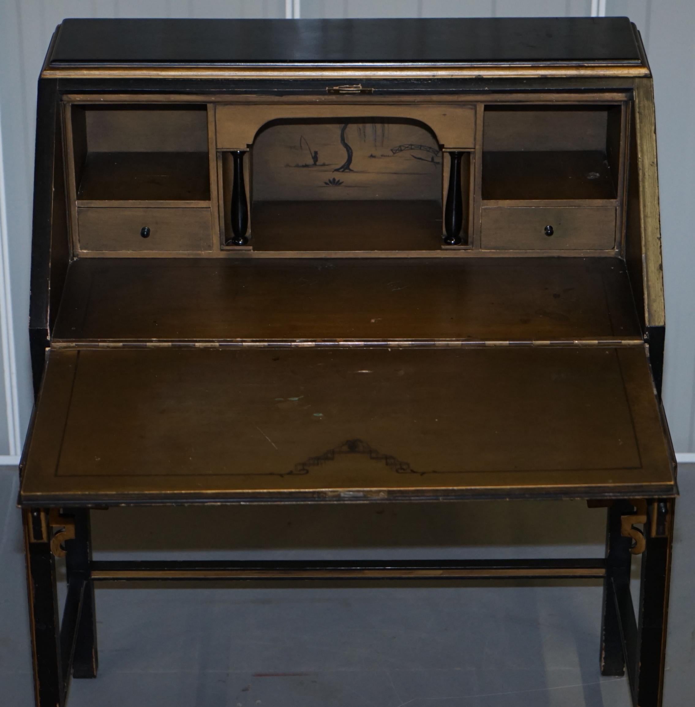Vintage Ebonised Lacquered and Giltwood Chinese Chinoiserie Writing Bureau Desk 5
