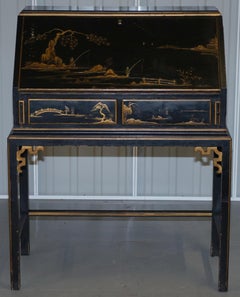 Vintage Ebonised Lacquered and Giltwood Chinese Chinoiserie Writing Bureau Desk