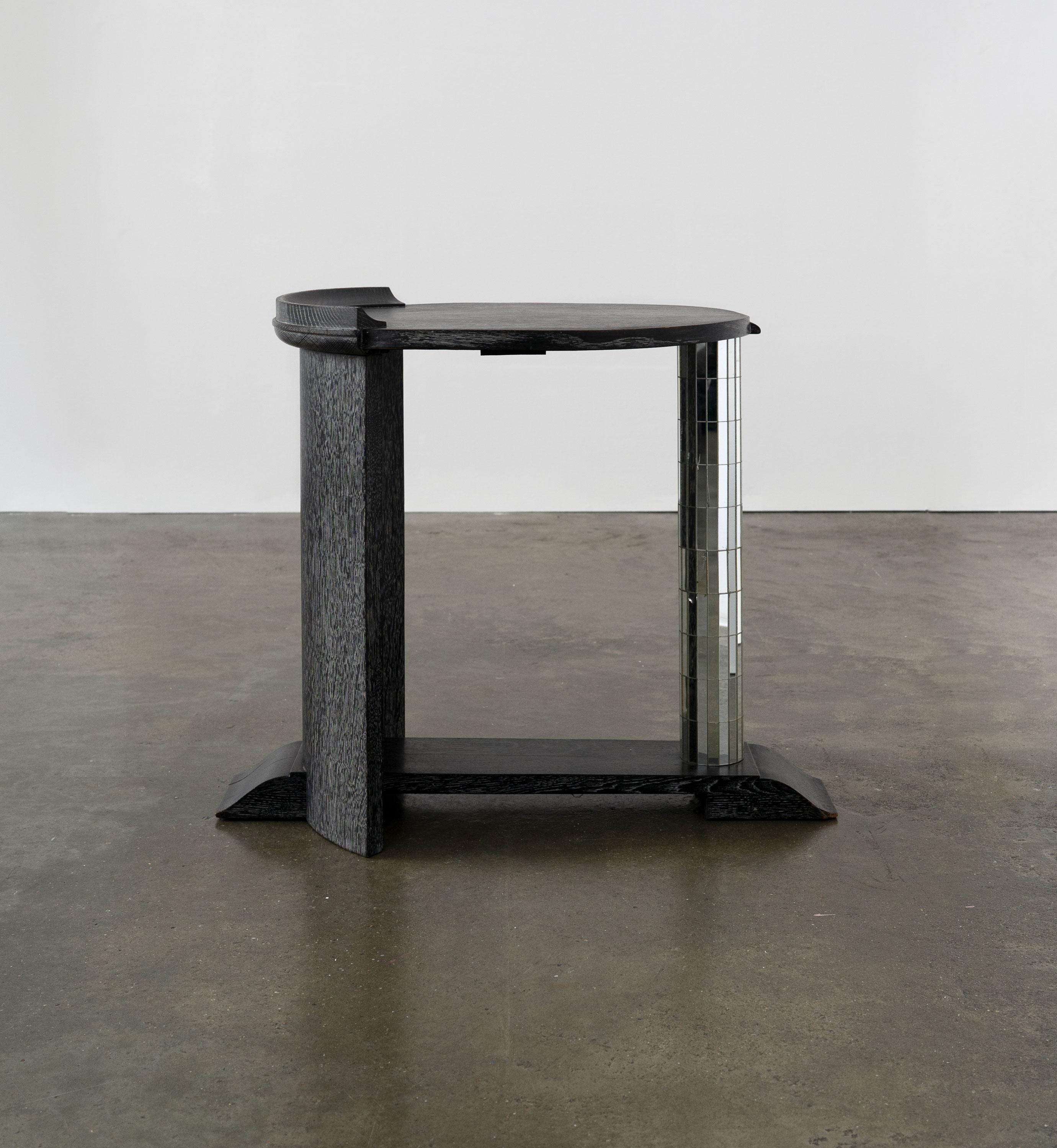 Art Deco Vintage Ebonised Oak and Mirror Mosaic Pedestal Table For Sale