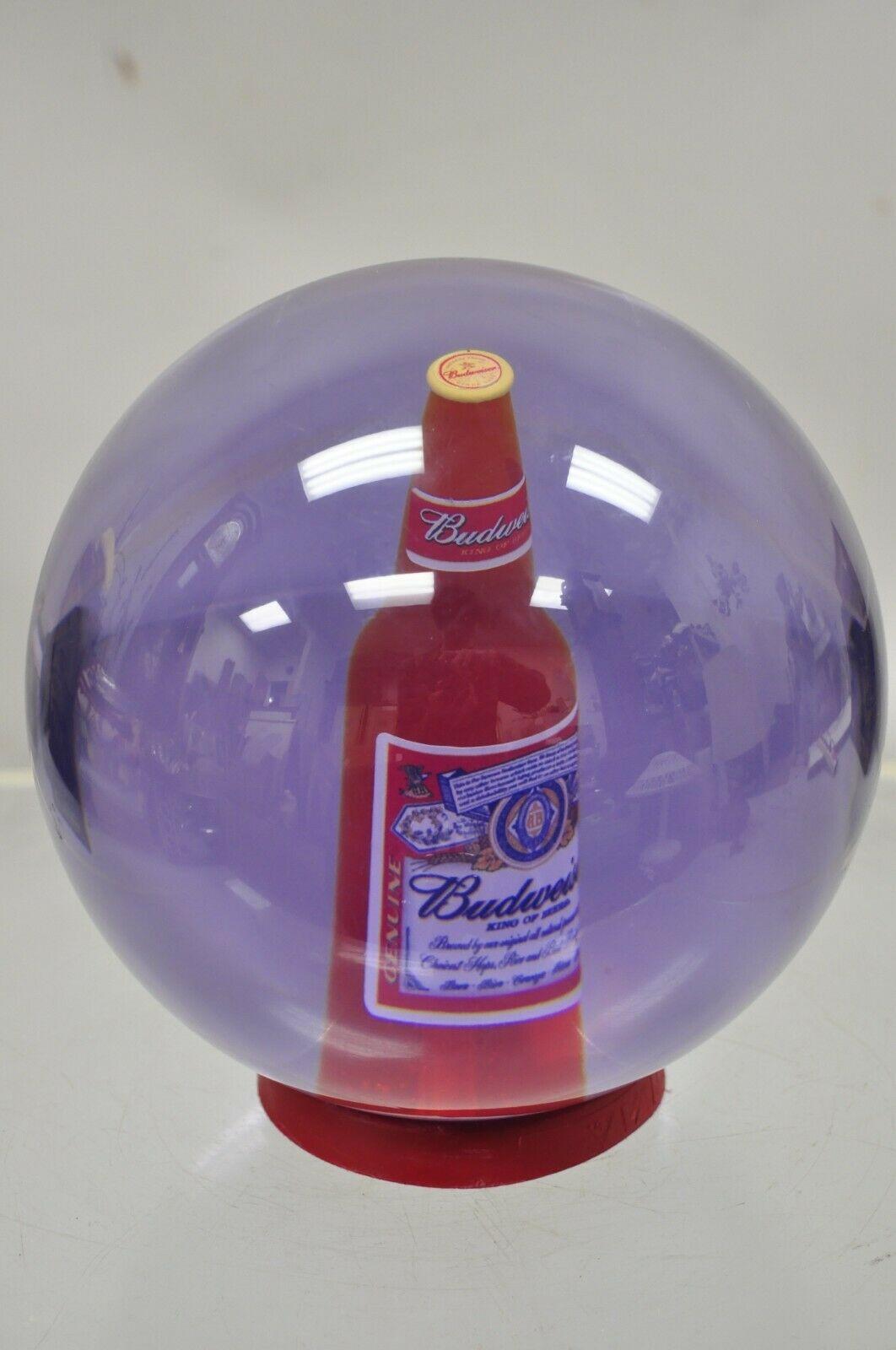 Vintage Ebonite Budweiser bottle 14 lb bowling ball with stand, New Undrilled. Item includes Stand, undrilled/unused, great purple color, very nice vintage item, approx. 14 lbs. Circa 1970. Measurements: 8.5