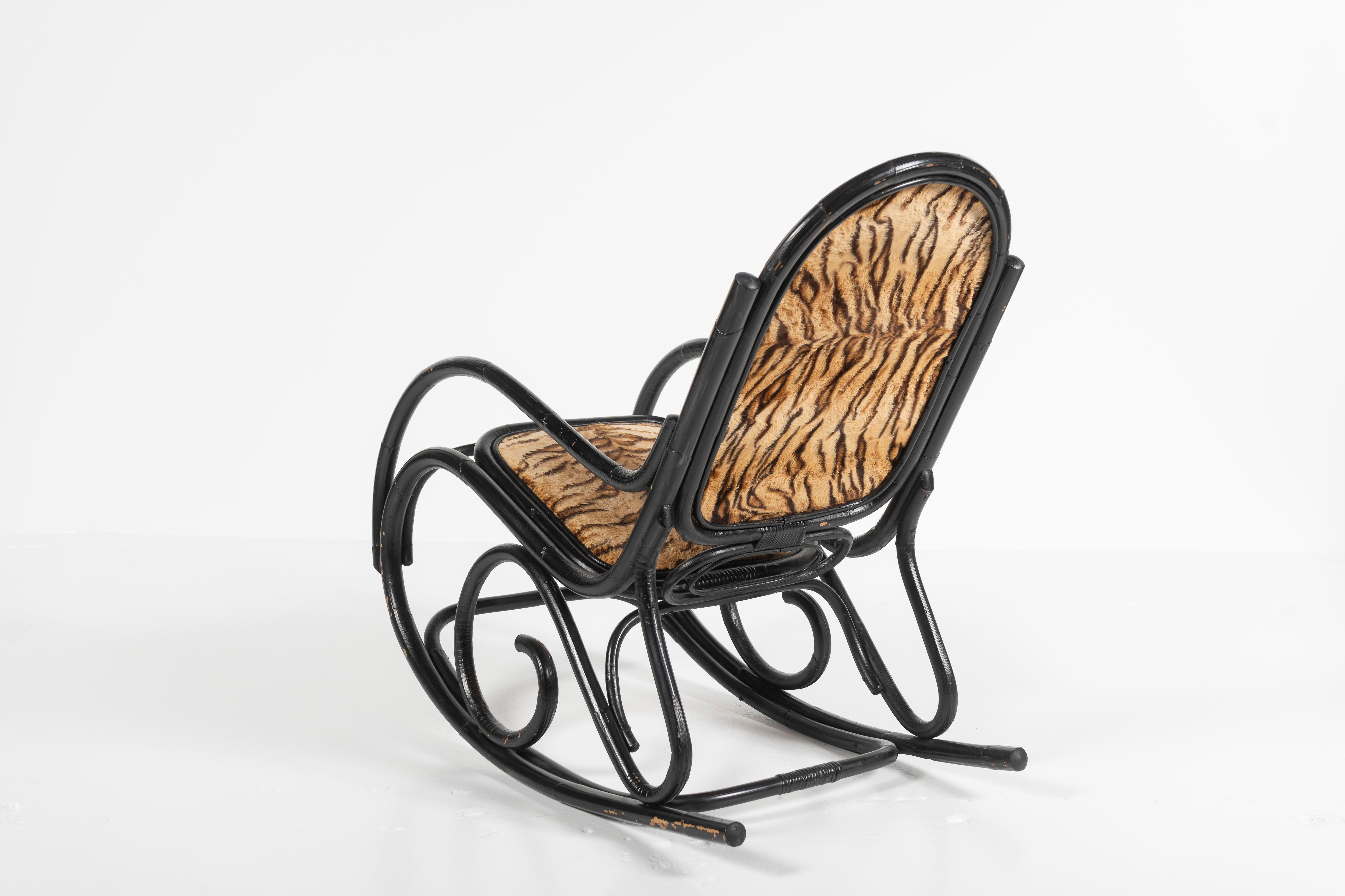 Austrian Vintage Ebonized Bamboo Rocking Chair, Thonet, Circa 1920 For Sale