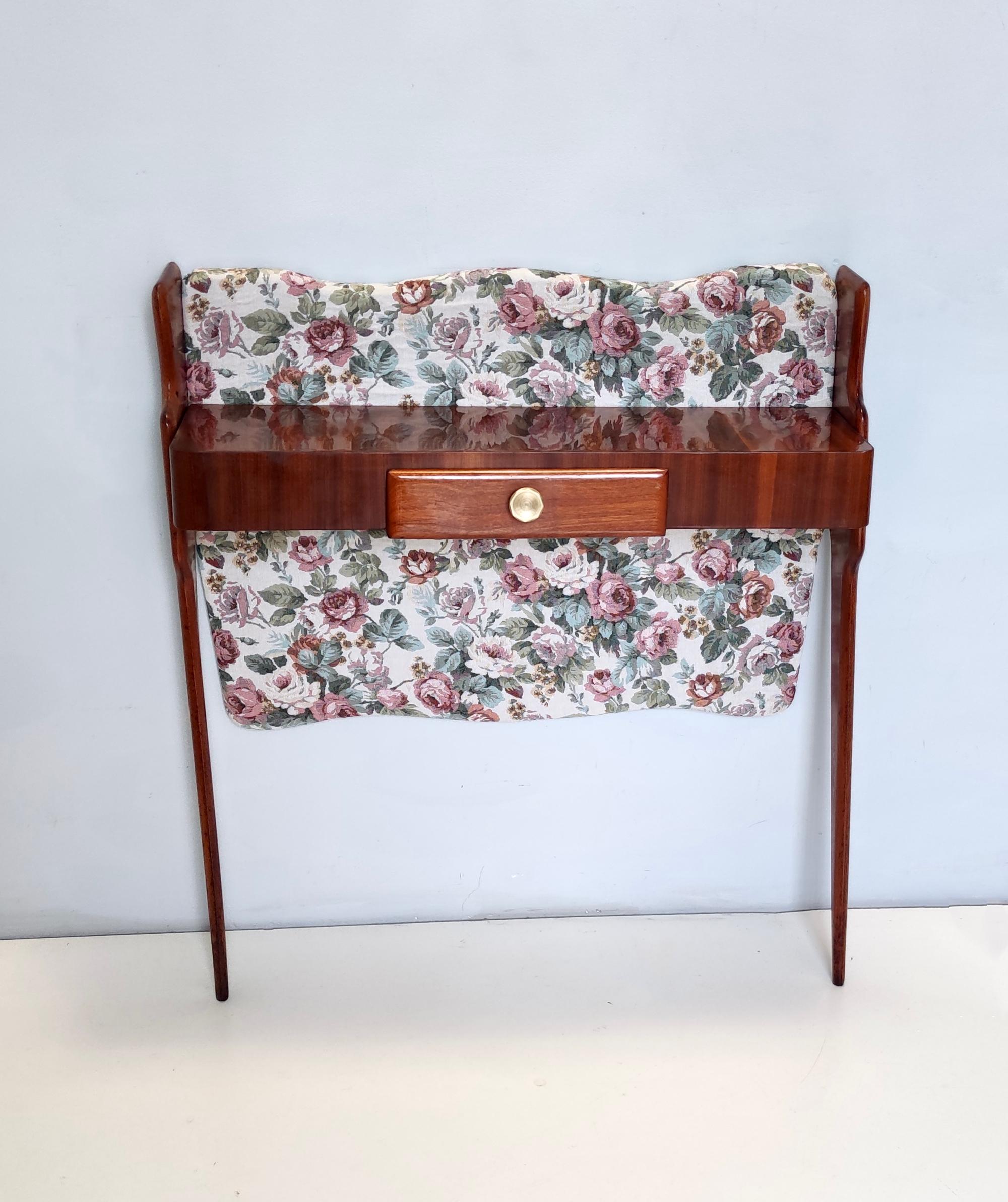 Italian Vintage Ebonized Beech and Rose-Patterned Fabric Console with a Drawer, Italy For Sale