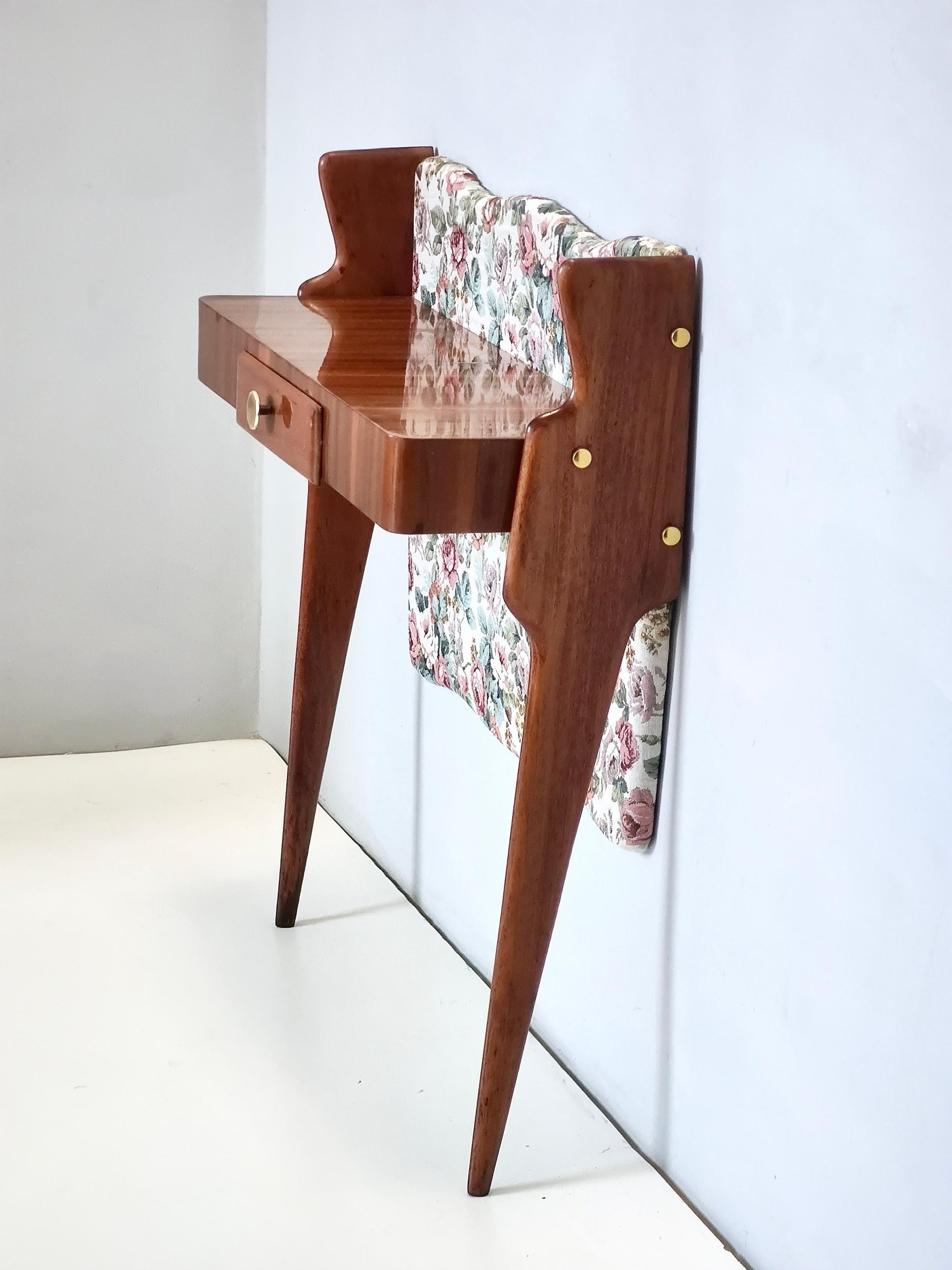 Mid-20th Century Vintage Ebonized Beech and Rose-Patterned Fabric Console with a Drawer, Italy For Sale