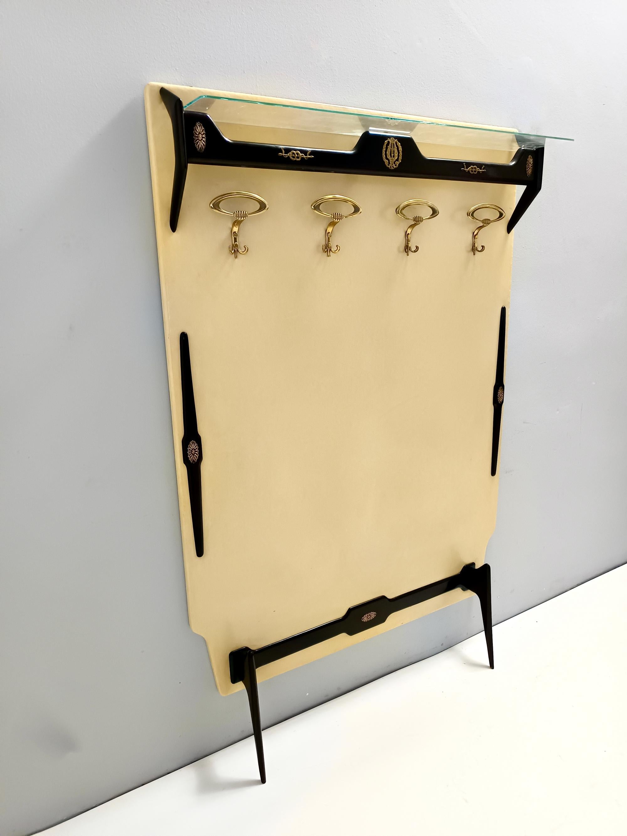 Vintage Ebonized Beech, Brass, Skai and Glass Coat Rack, Italy In Excellent Condition For Sale In Bresso, Lombardy