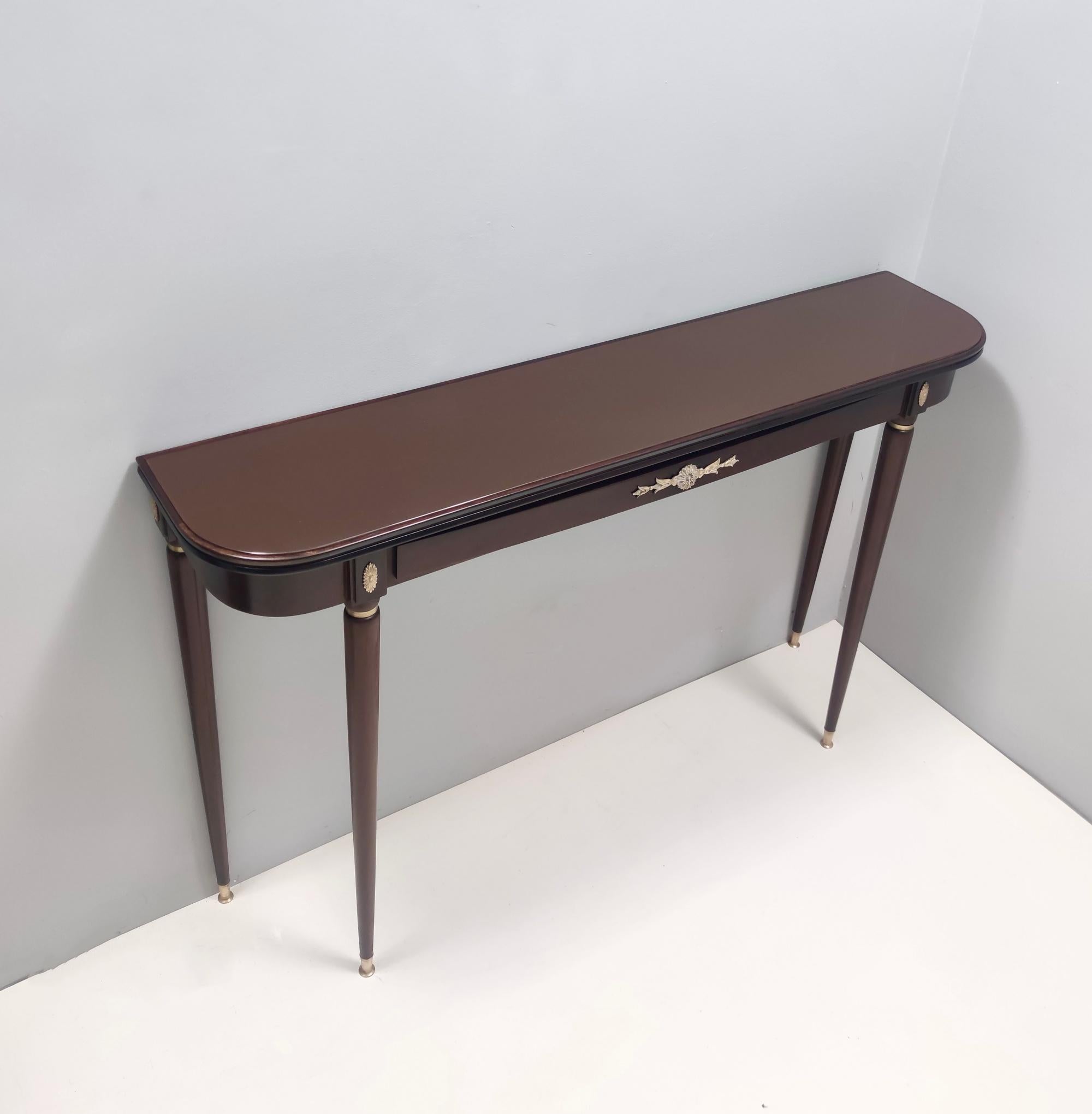 Brass Vintage Ebonized Beech Console Table by Paolo Buffa with Glass Top, Italy