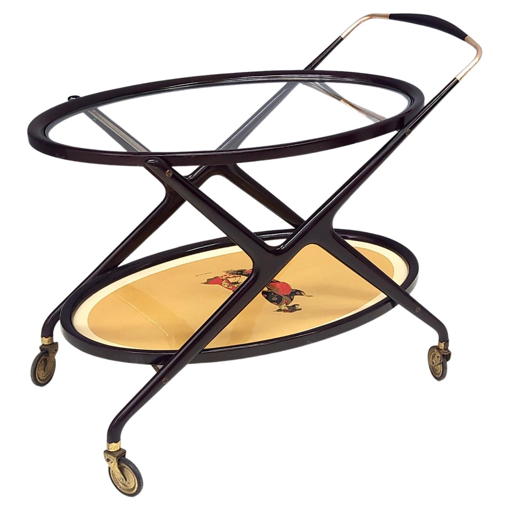 Chariot de service vintage en hêtre ébénisé de Cesare Lacca avec imprimé oriental, Italie en vente