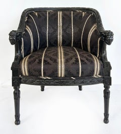 Vintage Ebonized Carved Ram's Head Bergère Chairs, Pair