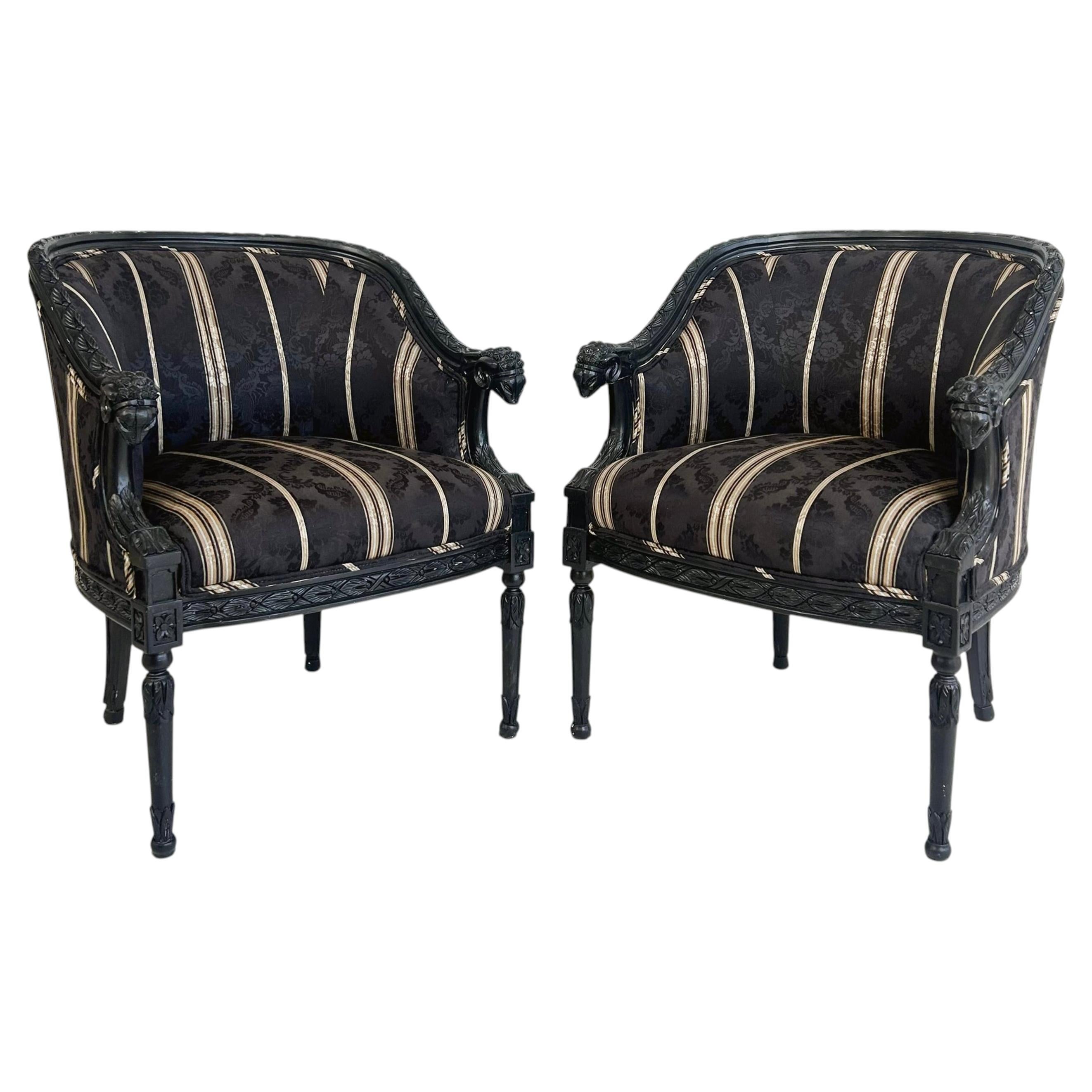 Vintage Ebonized Carved Ram's Head Bergère Chairs, Pair For Sale