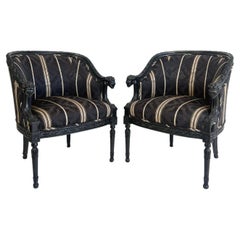 Vintage Ebonized Carved Ram's Head Bergère Chairs, Pair