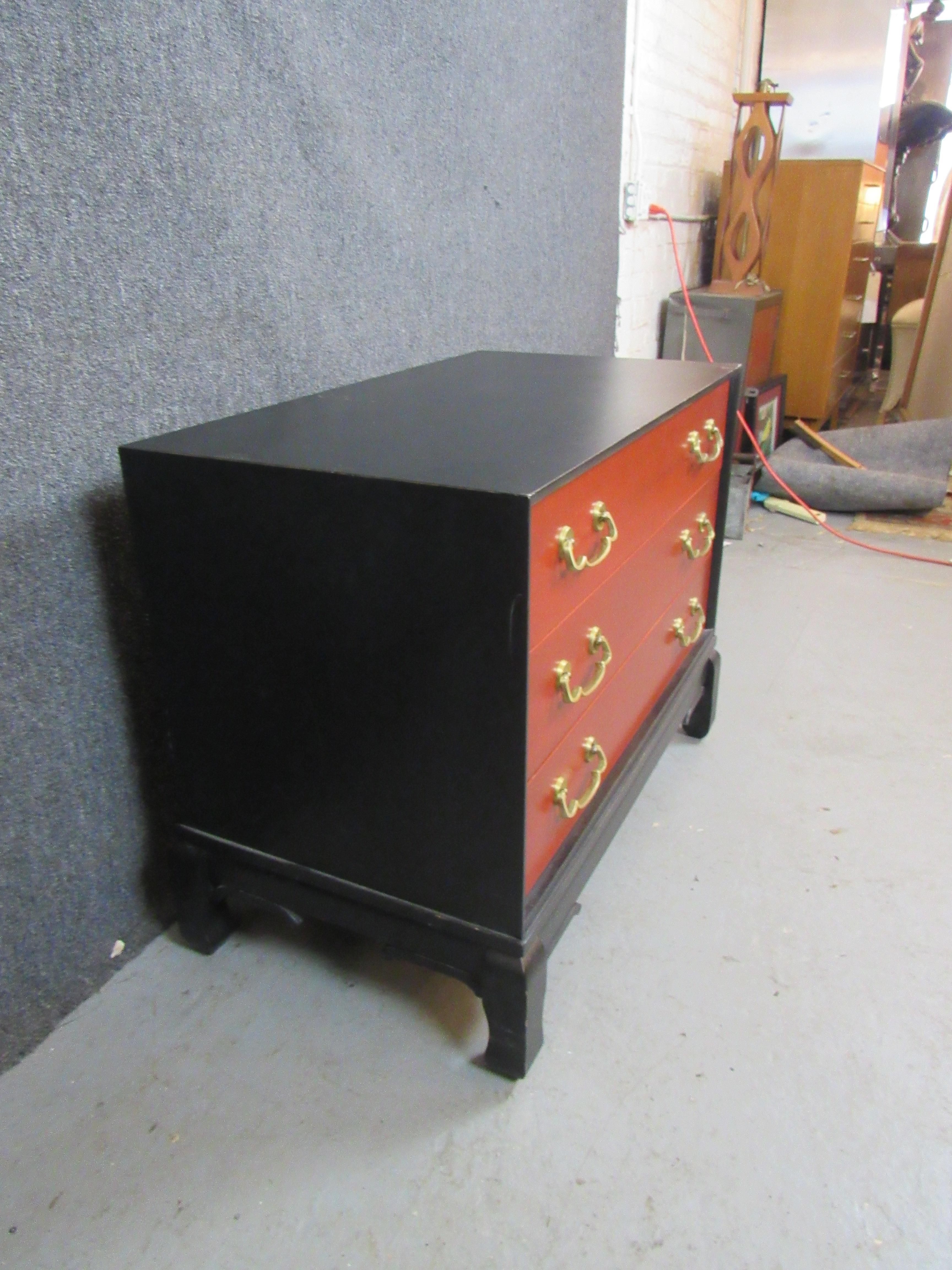 Carved Vintage Ebonized Chinoiserie Chest For Sale